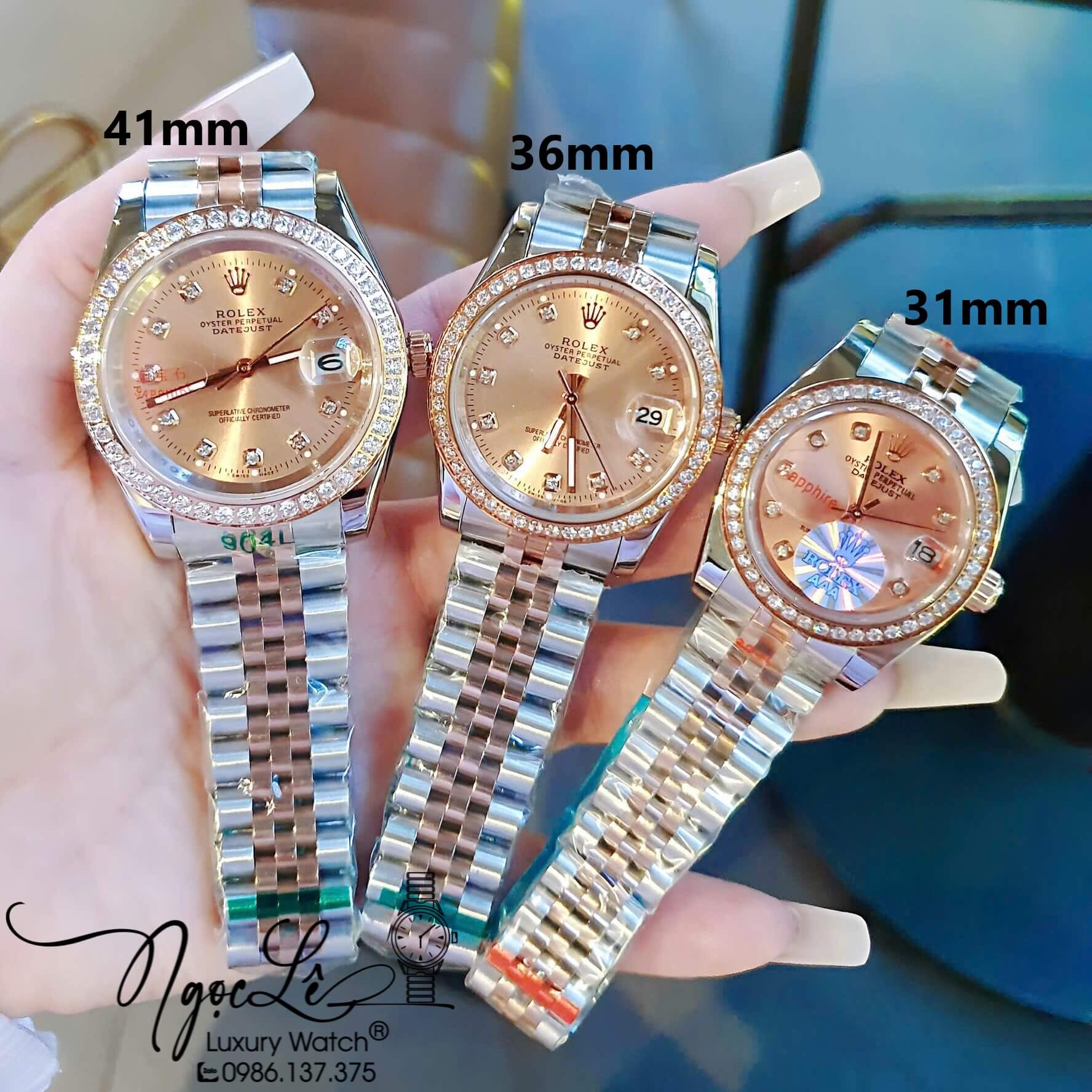 Đồng Hồ Rolex Datejust Pin Dây Demi Vàng Hồng Đính Đá - Mặt Vàng Hồng - 41mm 36mm 31mm