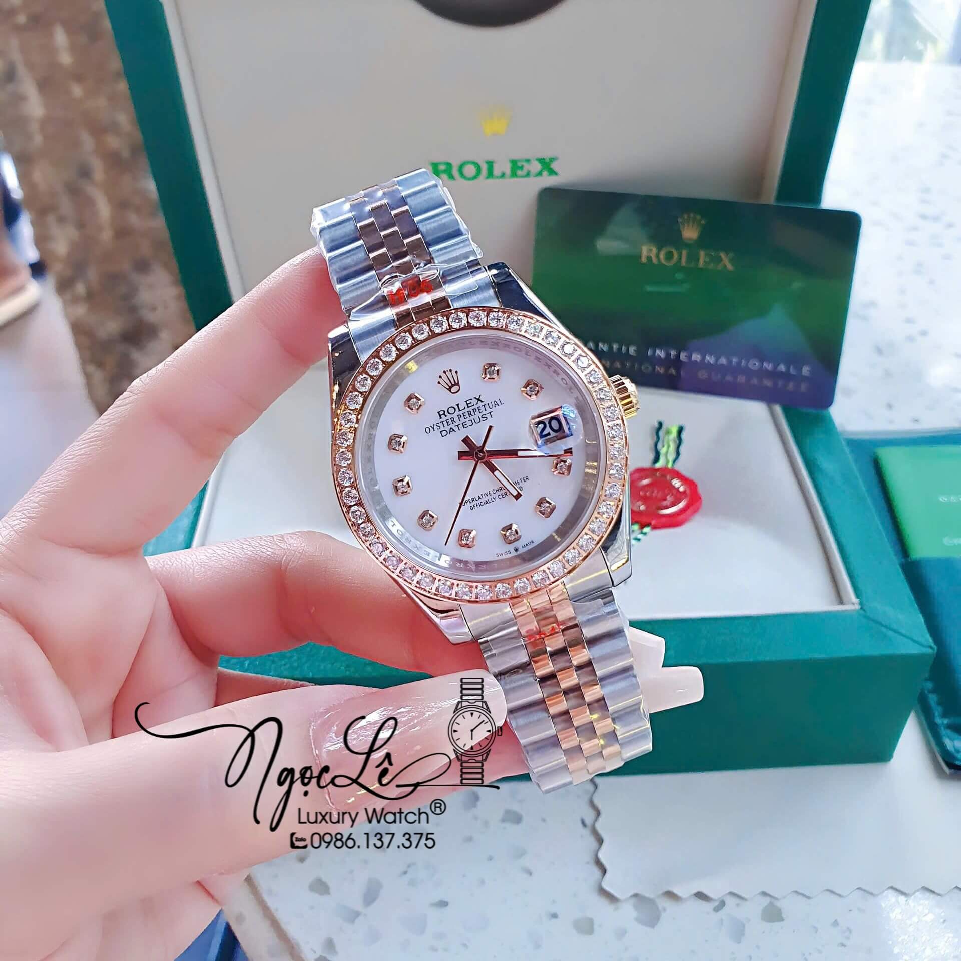 Đồng Hồ Rolex Datejust Pin Demi Vàng Hồng Đính Đá - Mặt Xà Cừ 41mm - 36mm - 31mm