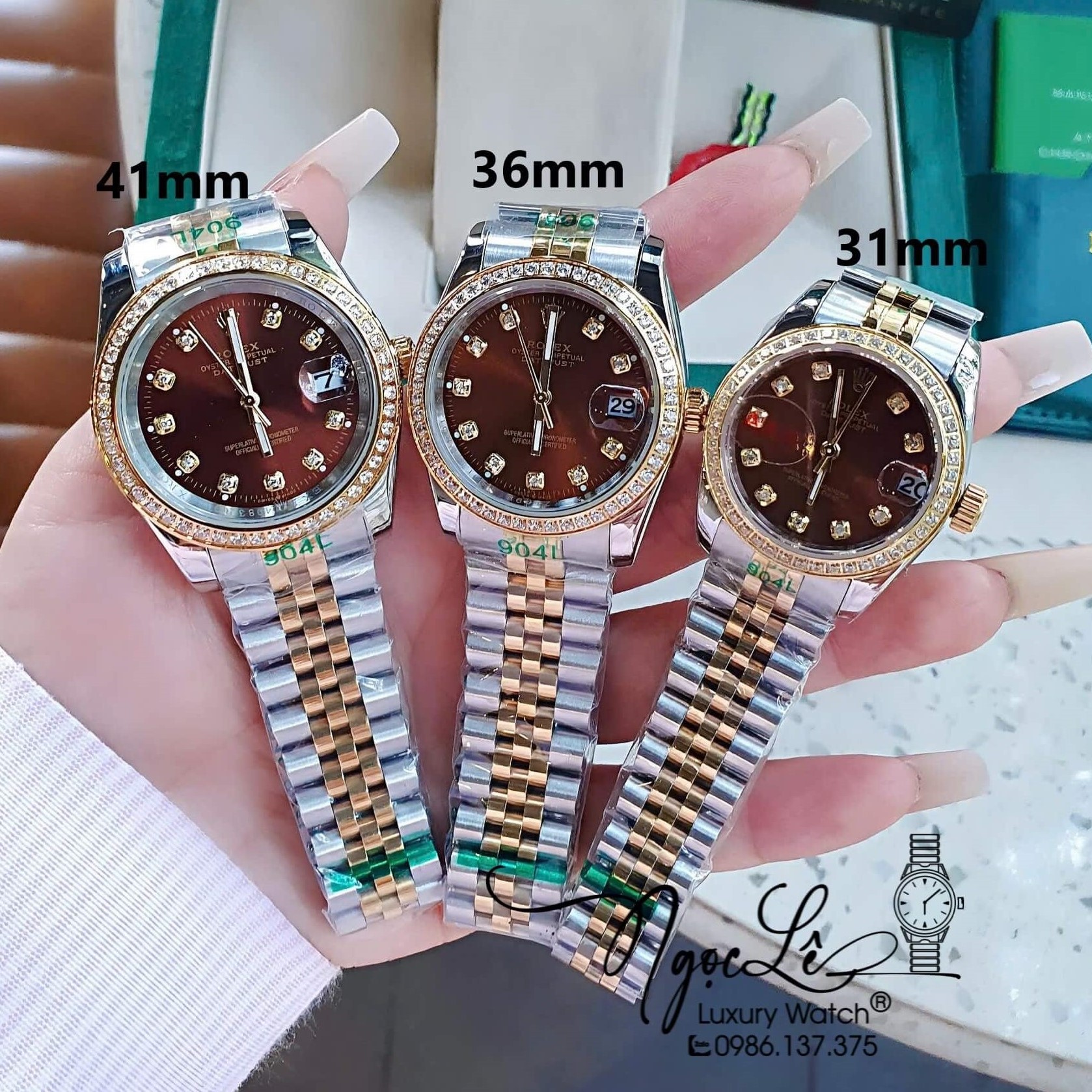 Đồng Hồ Rolex Datejust Pin Dây Demi Vàng Đính Đá - Mặt Nâu Socola - 41mm 36mm 31mm