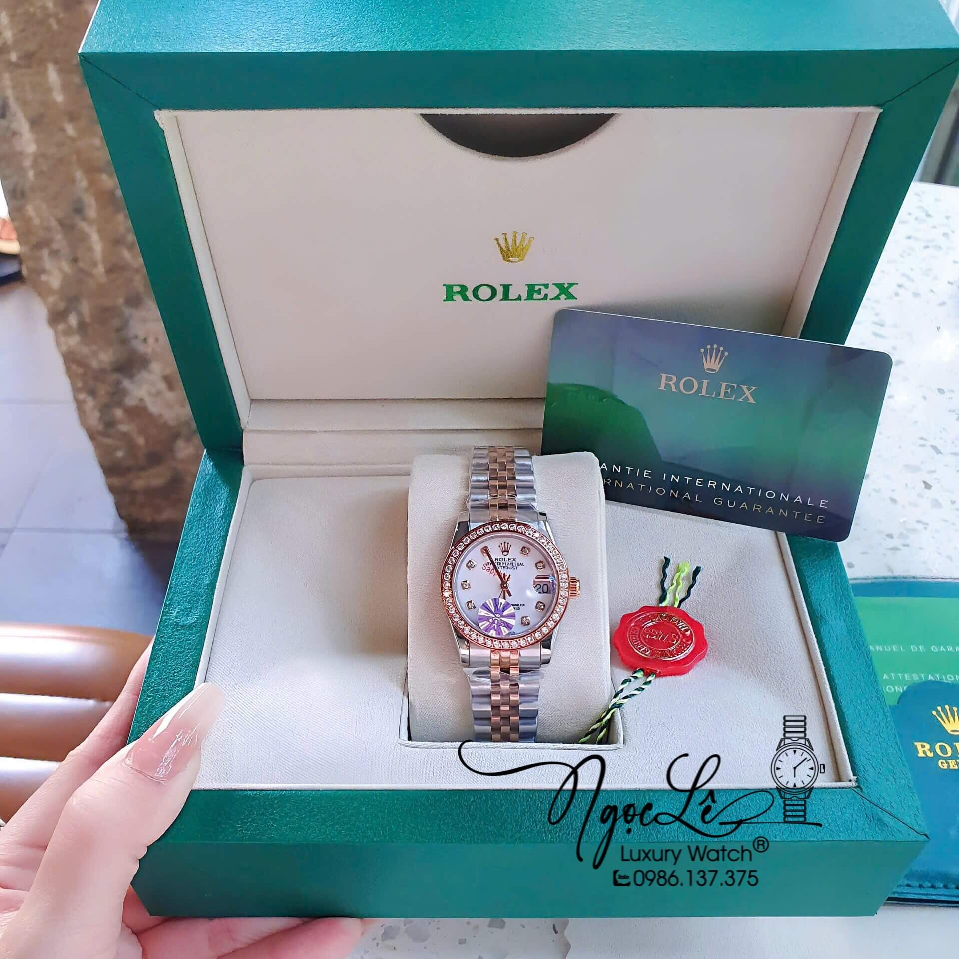 Đồng Hồ Rolex Datejust Pin Demi Vàng Hồng Đính Đá - Mặt Xà Cừ 41mm - 36mm - 31mm