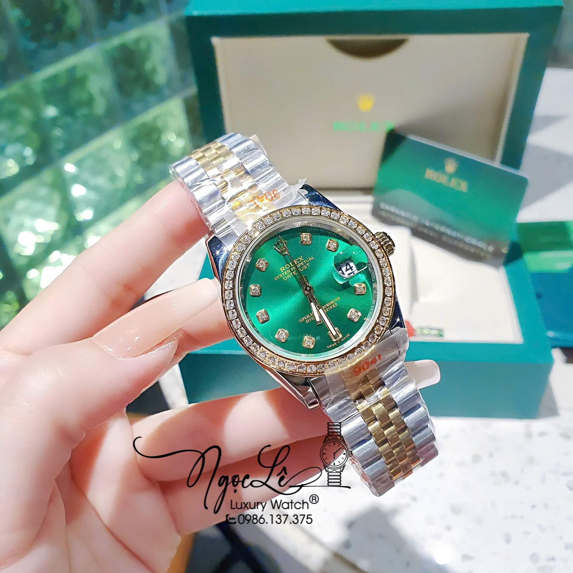 Đồng Hồ Rolex Datejust Pin Dây Demi Vàng Đính Đá - Mặt Xanh Lá Size 36mm 31mm