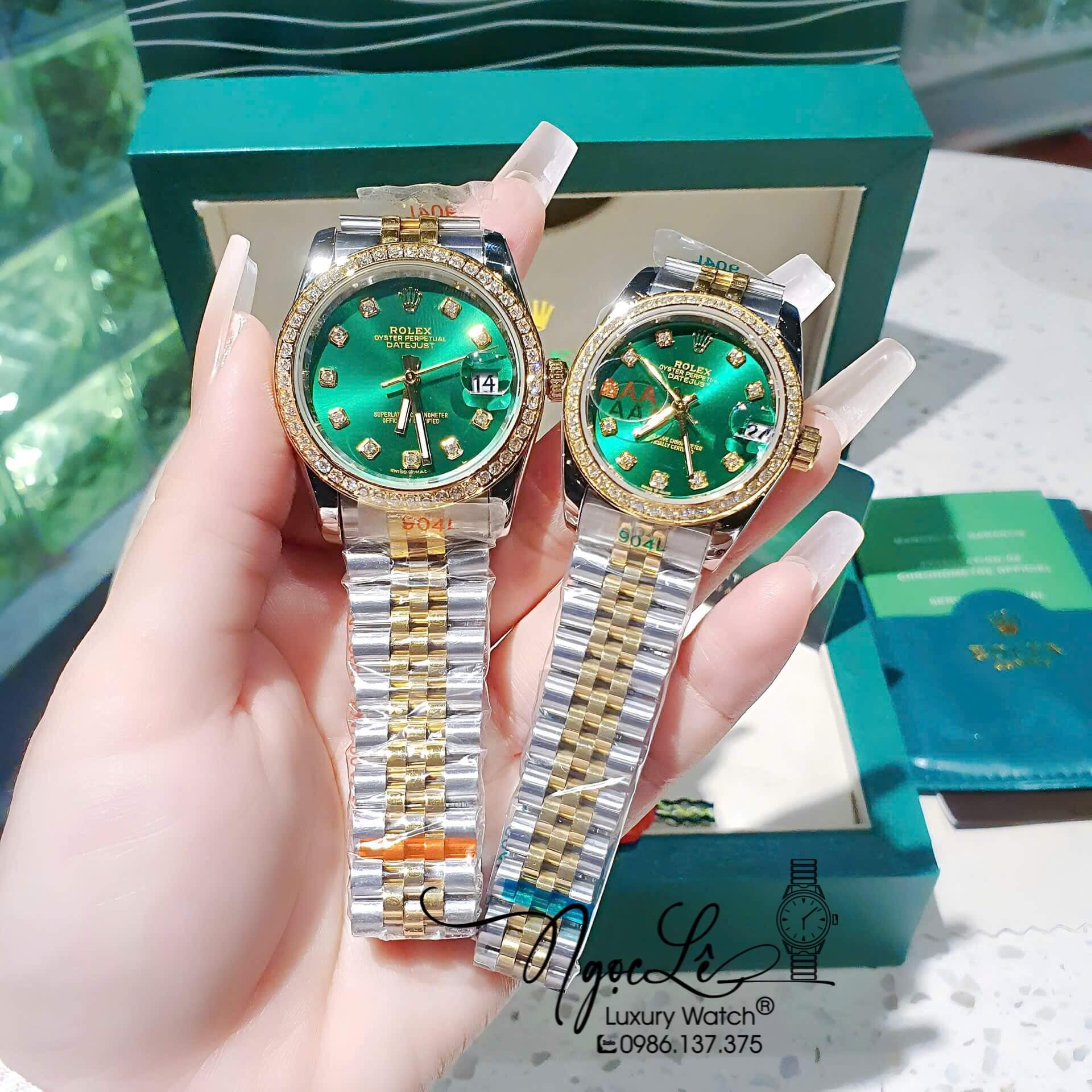 Đồng Hồ Rolex Datejust Pin Dây Demi Vàng Đính Đá - Mặt Xanh Lá Size 36mm 31mm