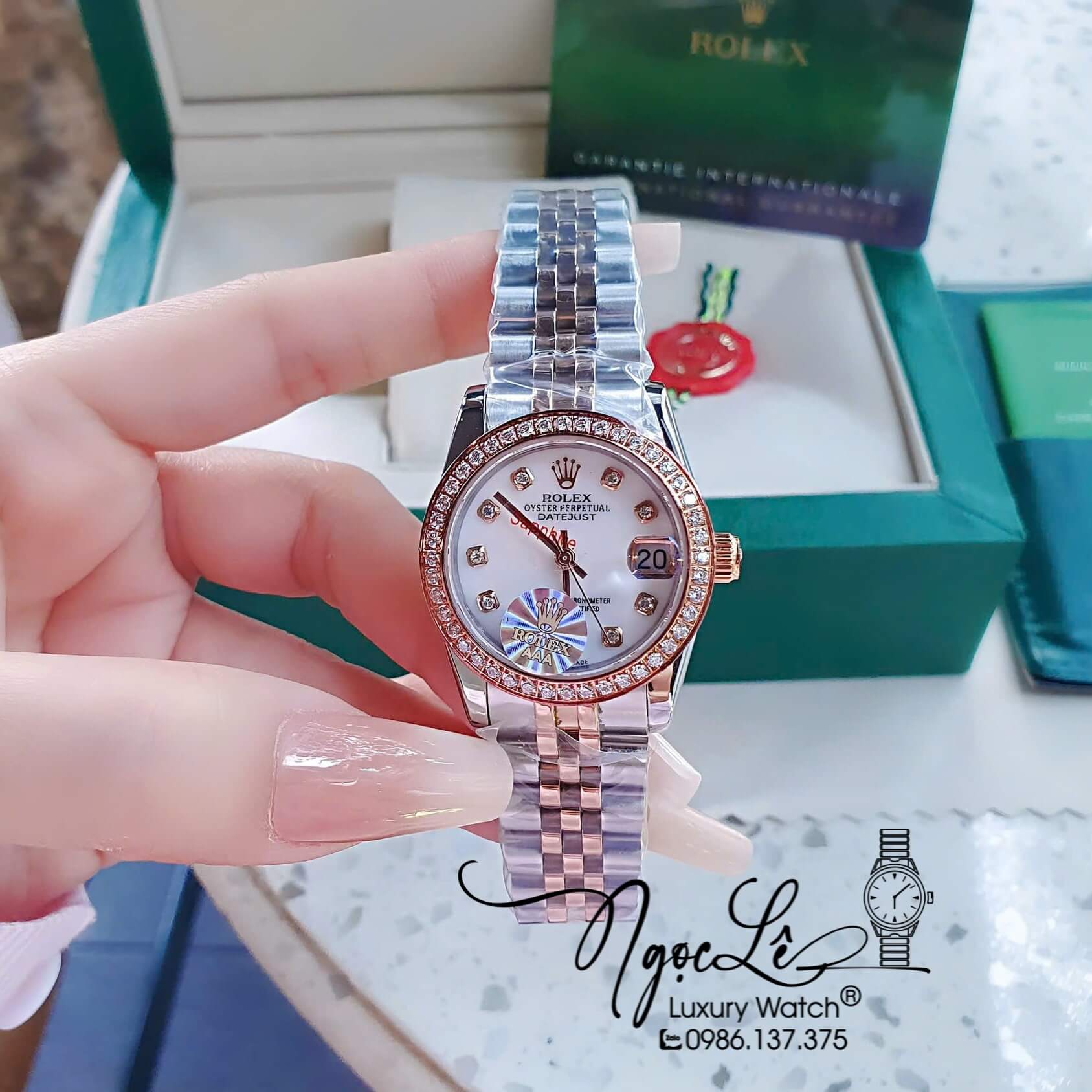 Đồng Hồ Rolex Datejust Pin Demi Vàng Hồng Đính Đá - Mặt Xà Cừ 41mm - 36mm - 31mm
