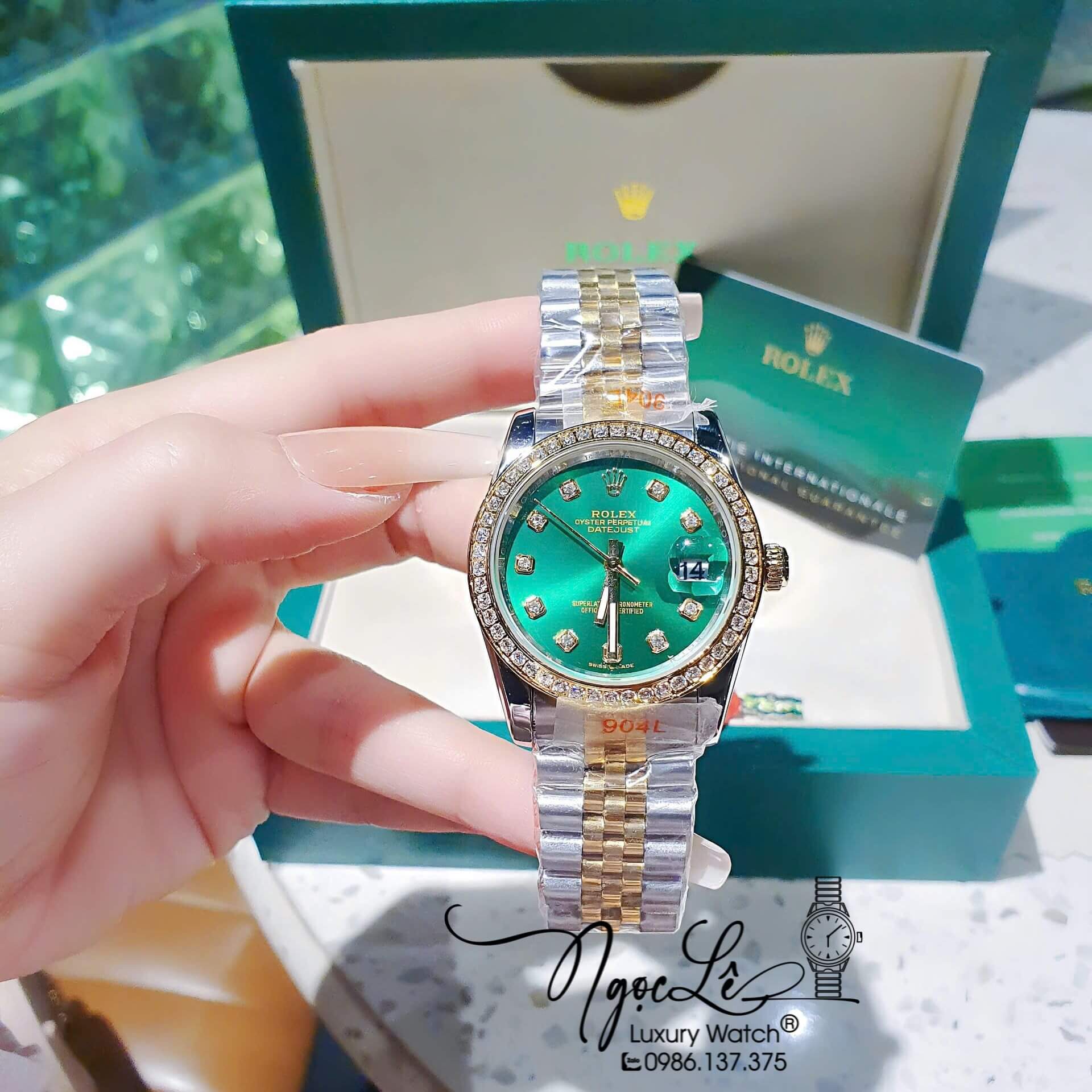 Đồng Hồ Rolex Datejust Pin Dây Demi Vàng Đính Đá - Mặt Xanh Lá Size 36mm 31mm