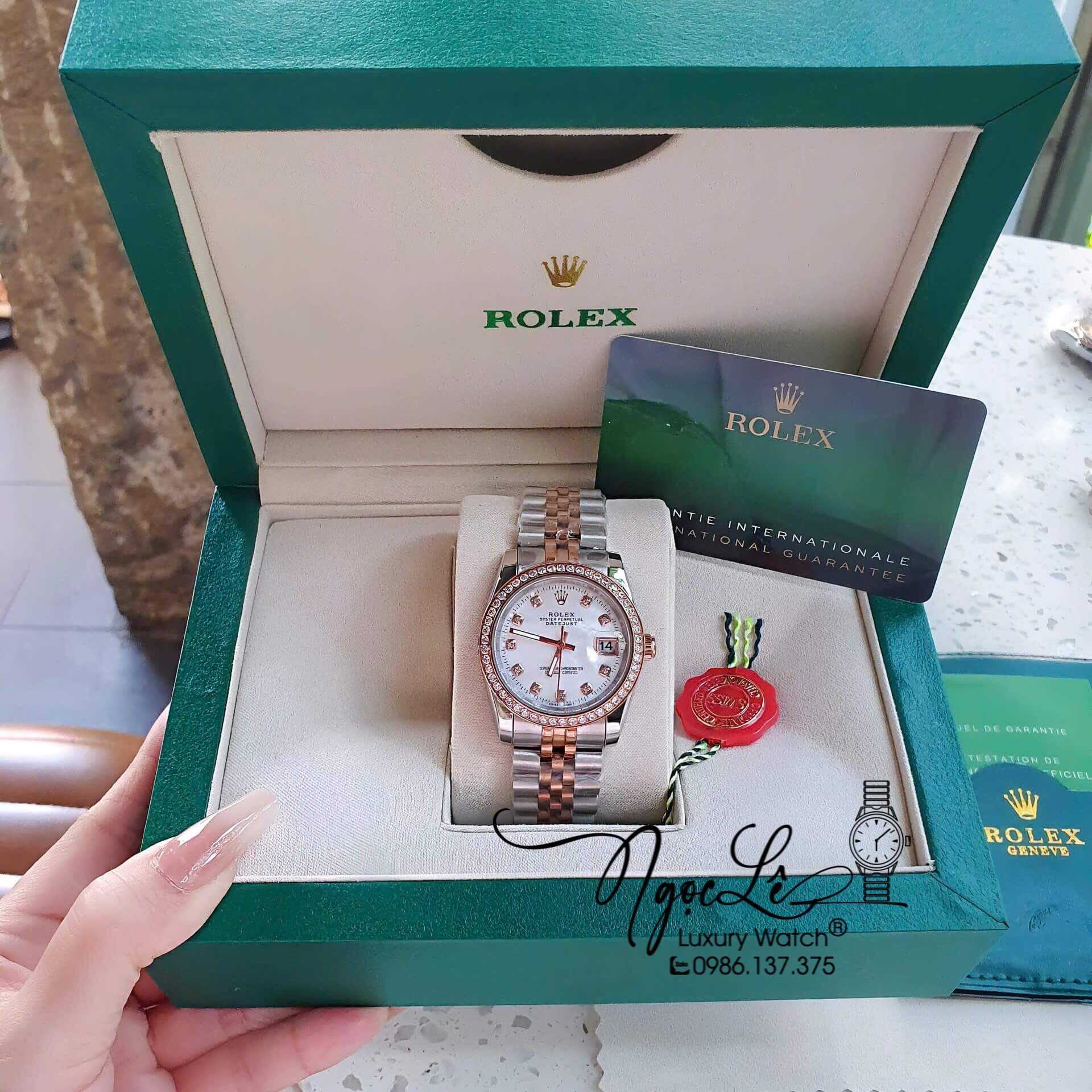 Đồng Hồ Rolex Datejust Pin Demi Vàng Hồng Đính Đá - Mặt Xà Cừ 41mm - 36mm - 31mm
