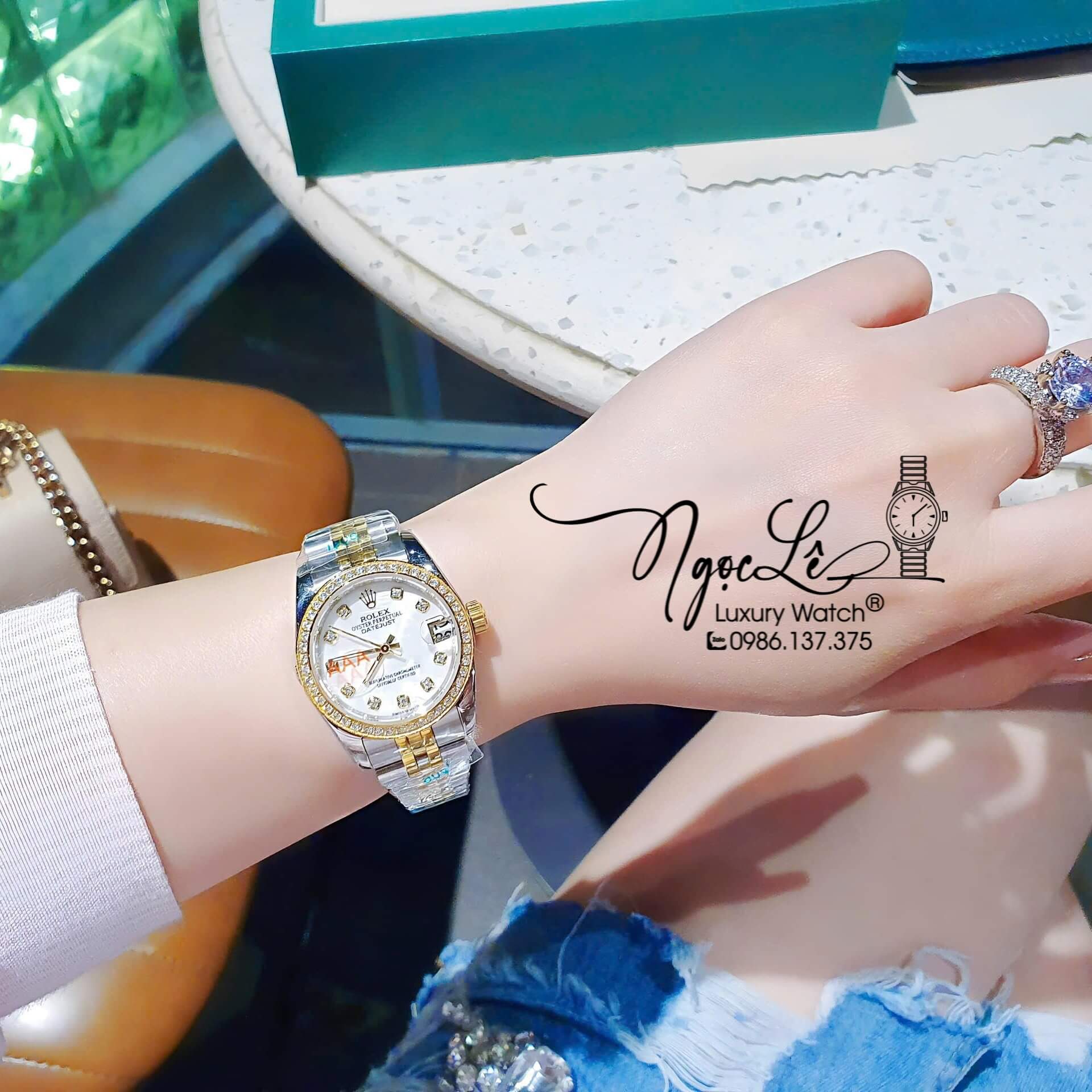 Đồng Hồ Rolex Datejust Pin Dây Demi Vàng Đính Đá - Mặt Trắng Xà Cừ - 41mm 36mm 31mm