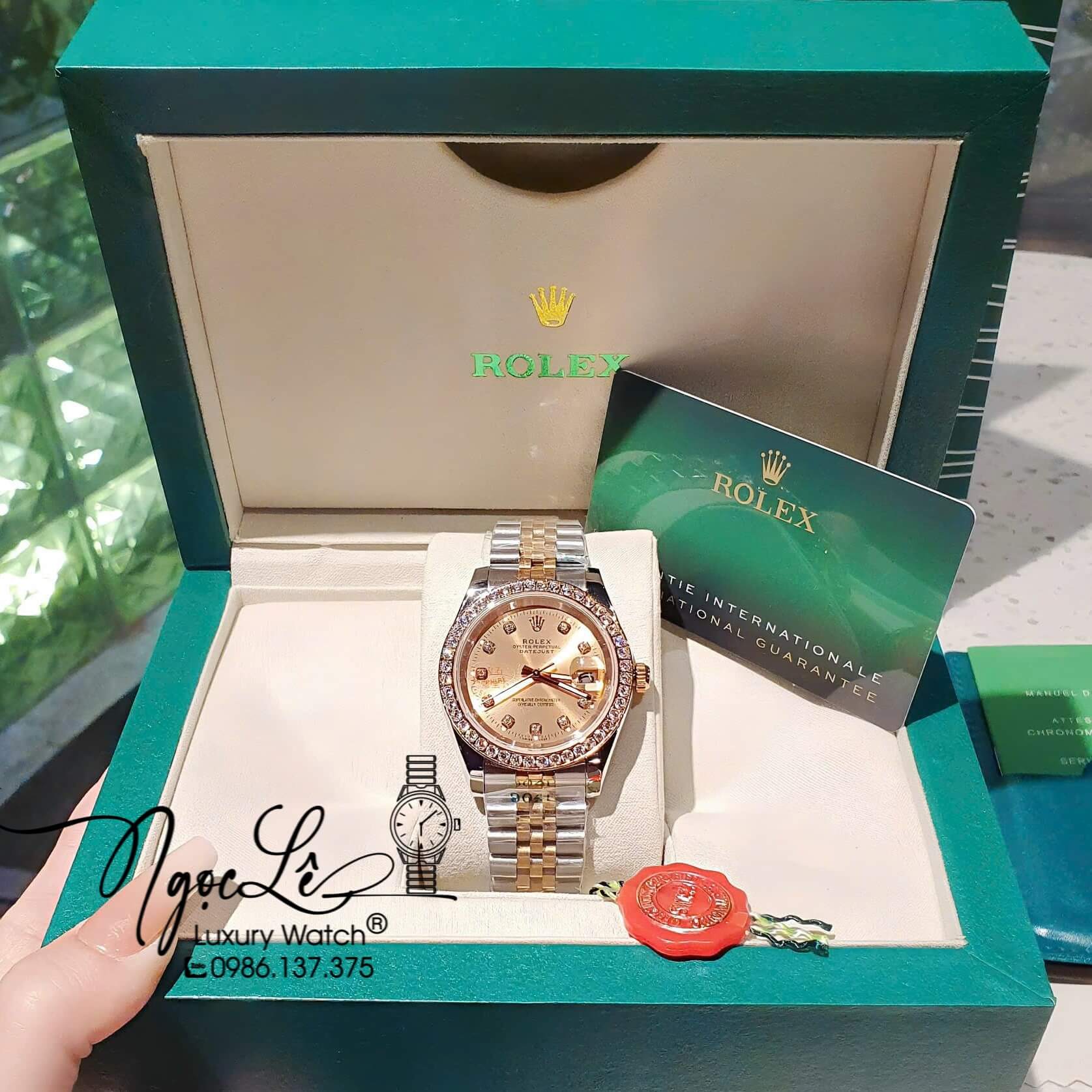 Đồng Hồ Rolex Datejust Pin Dây Demi Vàng Hồng Đính Đá - Mặt Vàng Hồng - 41mm 36mm 31mm