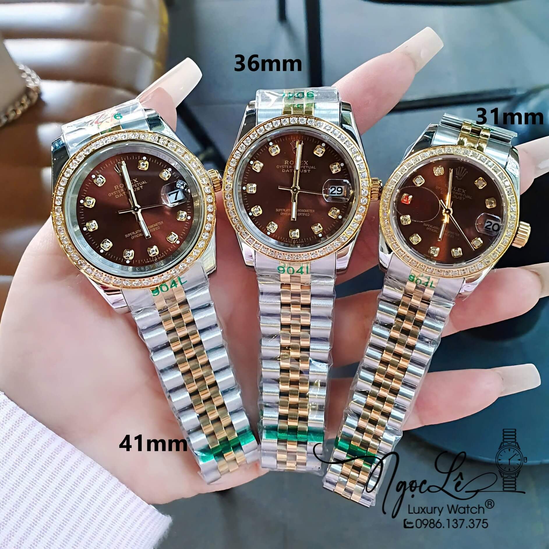 Đồng Hồ Rolex Datejust Pin Dây Demi Vàng Hồng Đính Đá - Mặt Trắng Xà Cừ - 41mm 36mm 31mm