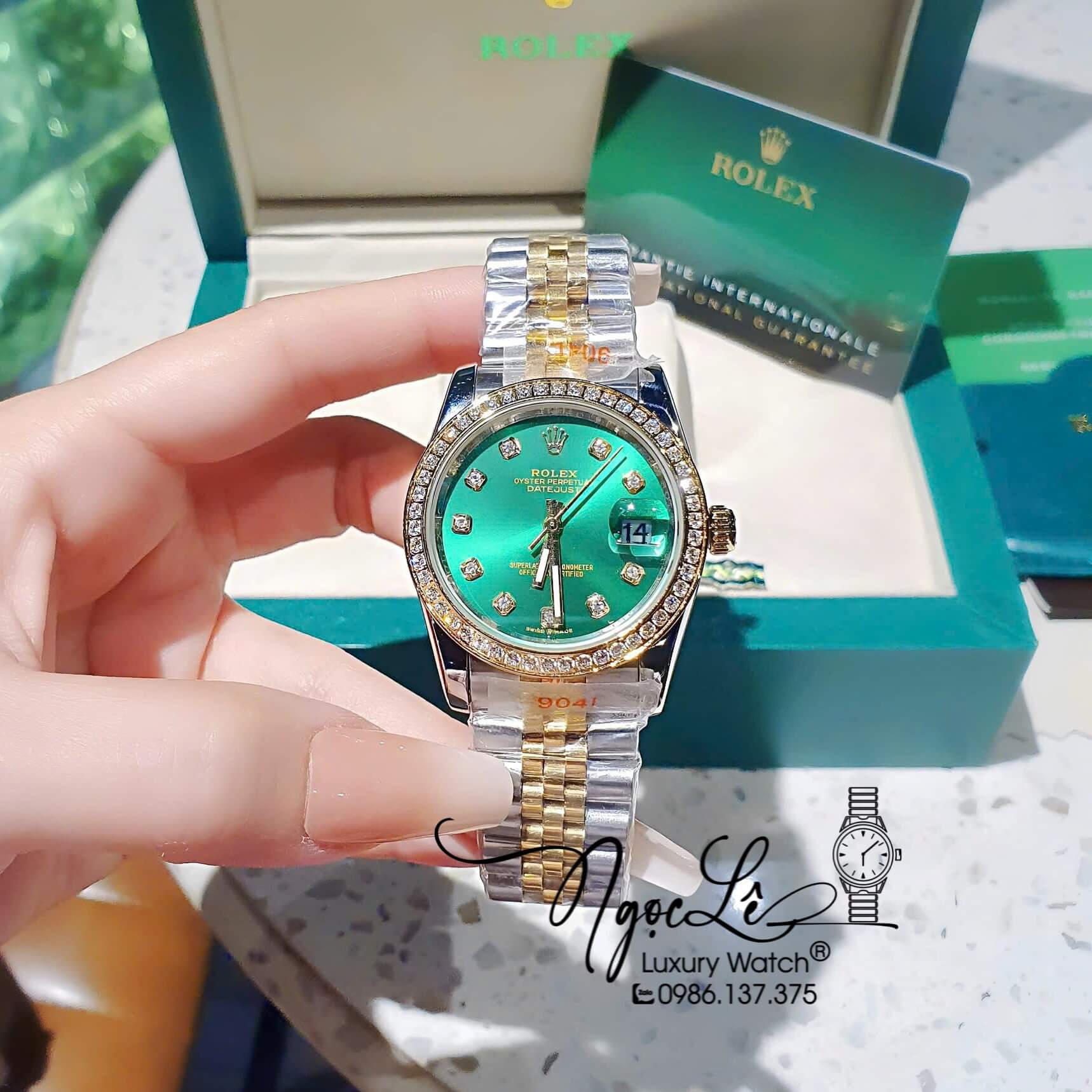 Đồng Hồ Rolex Datejust Pin Dây Demi Vàng Đính Đá - Mặt Xanh Lá Size 36mm 31mm