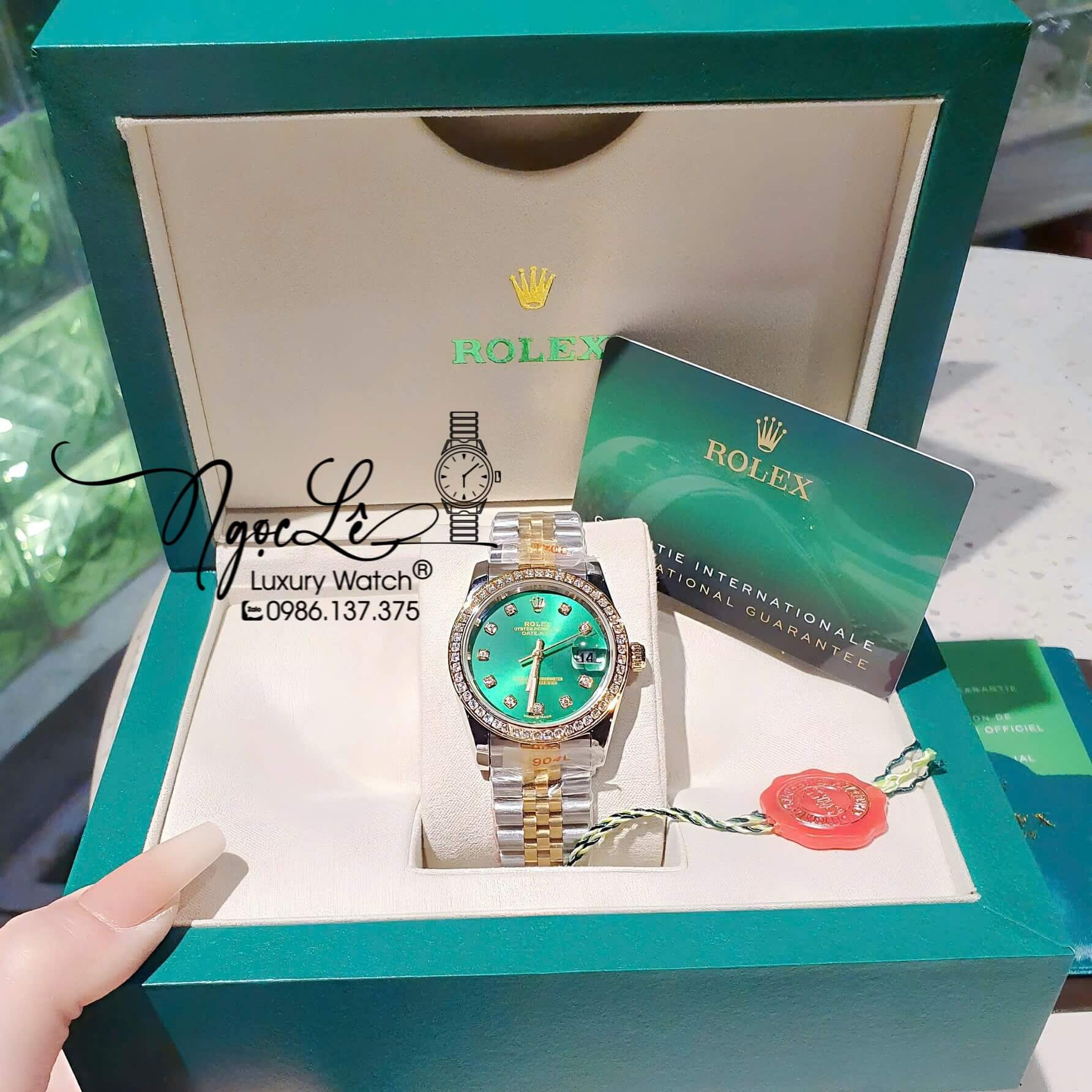 Đồng Hồ Rolex Datejust Pin Dây Demi Vàng Đính Đá - Mặt Xanh Lá Size 36mm 31mm