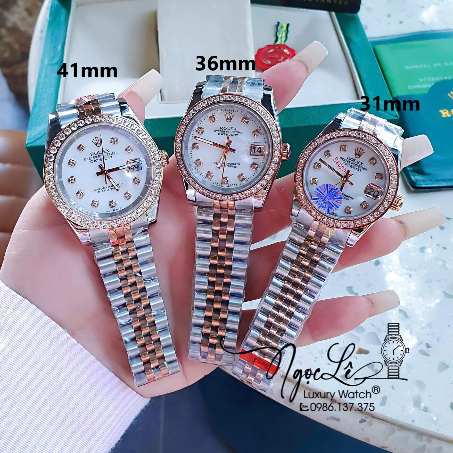 Đồng Hồ Rolex Datejust Pin Dây Demi Vàng Hồng Đính Đá - Mặt Trắng Xà Cừ - 41mm 36mm 31mm