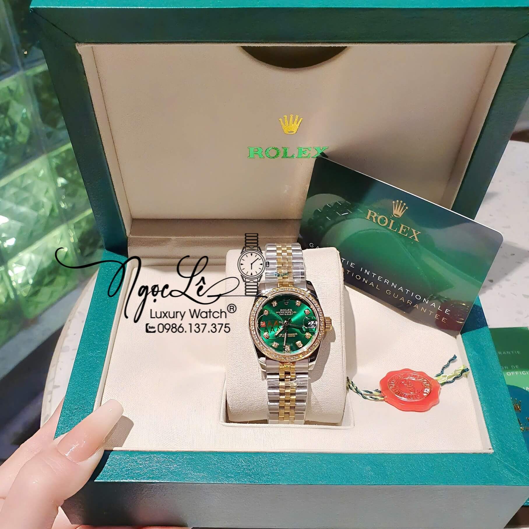 Đồng Hồ Rolex Datejust Pin Dây Demi Vàng Đính Đá - Mặt Xanh Lá Size 36mm 31mm