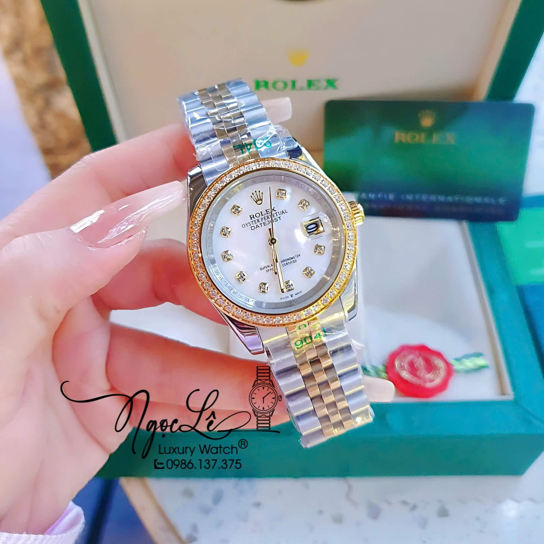 Đồng Hồ Rolex Datejust Pin Dây Demi Vàng Đính Đá - Mặt Trắng Xà Cừ - 41mm 36mm 31mm