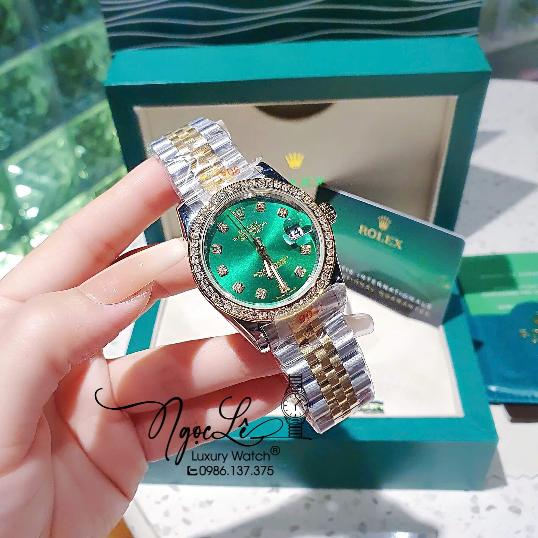 Đồng Hồ Rolex Datejust Pin Dây Demi Vàng Đính Đá - Mặt Xanh Lá Size 36mm 31mm
