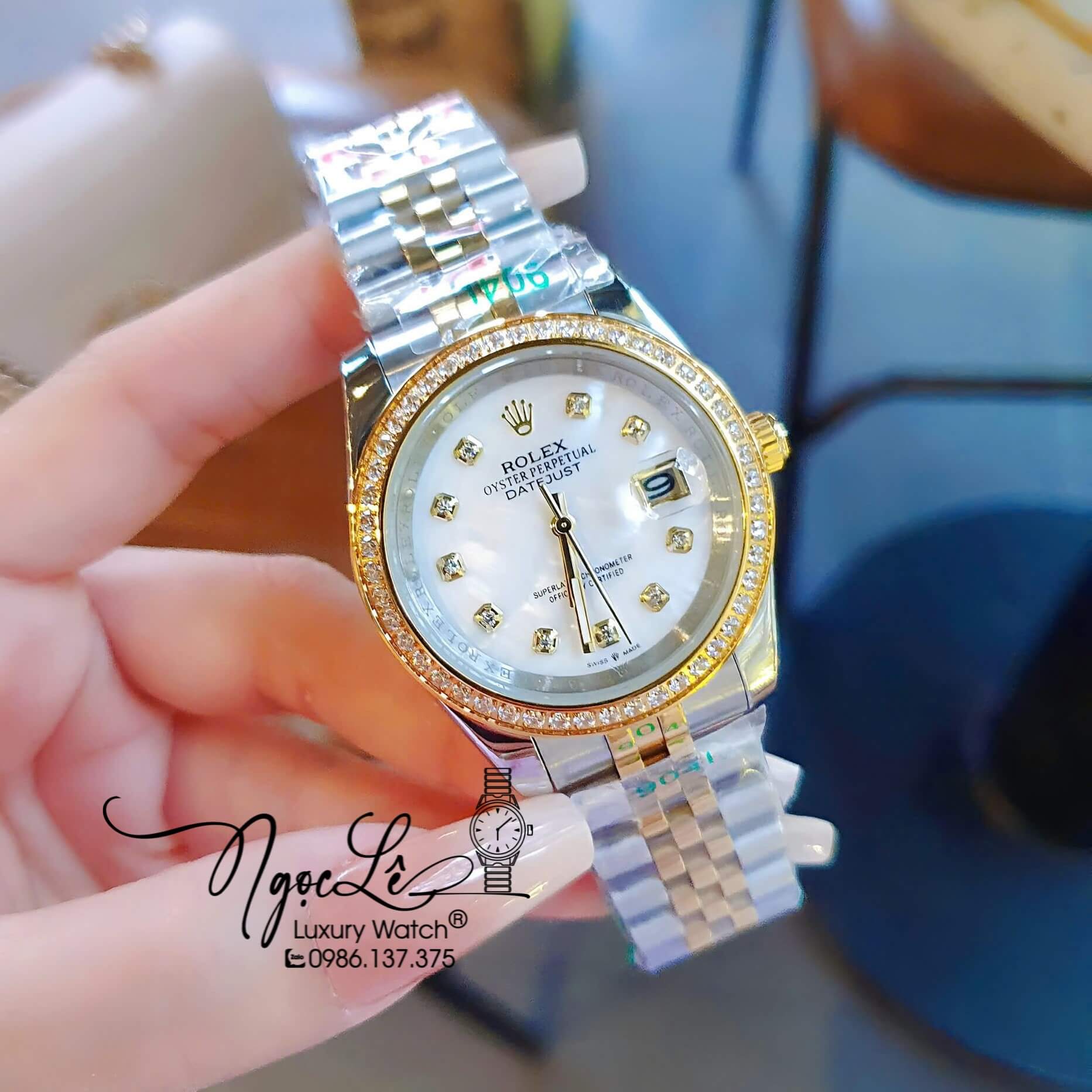 Đồng Hồ Rolex Datejust Pin Dây Demi Vàng Đính Đá - Mặt Trắng Xà Cừ - 41mm 36mm 31mm