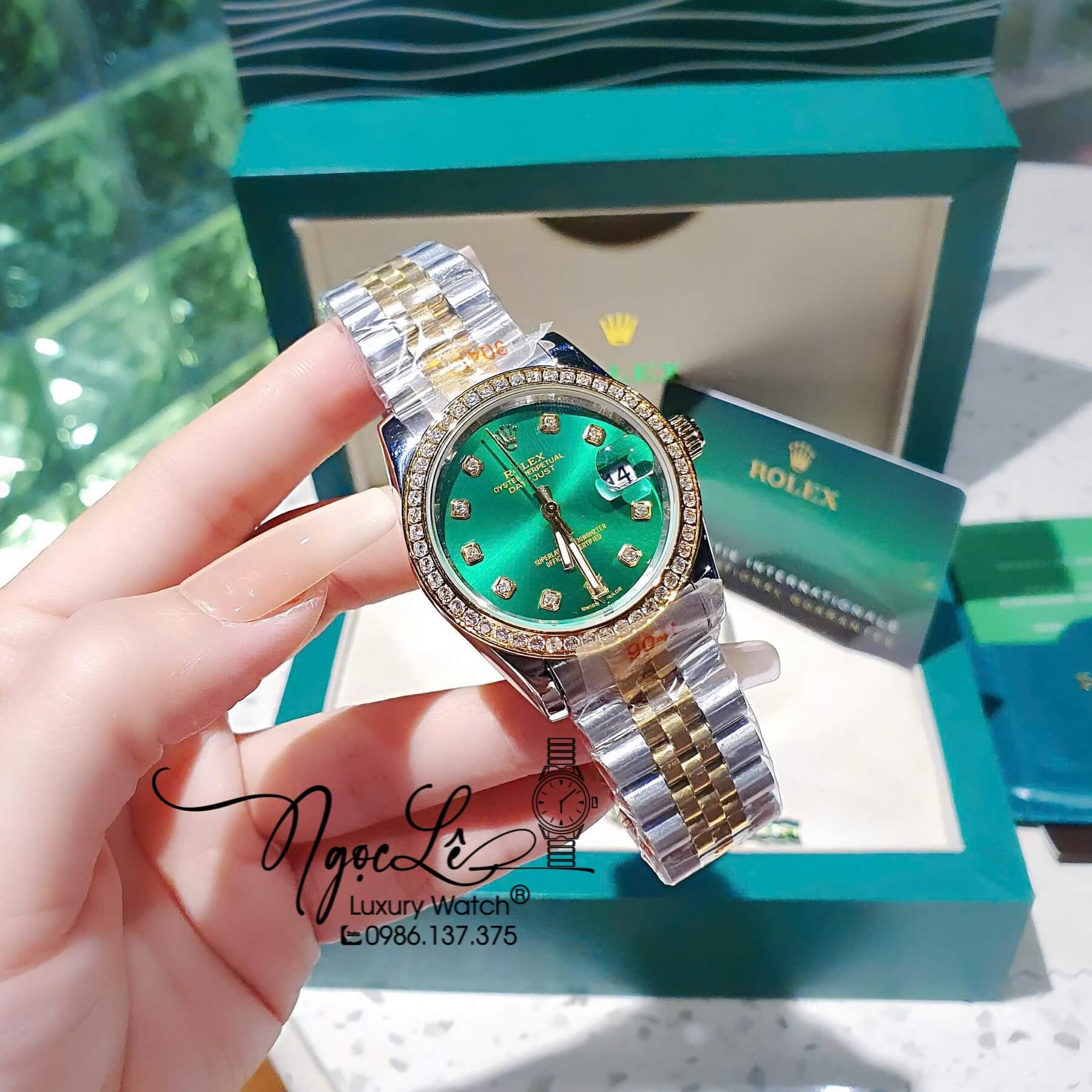 Đồng Hồ Rolex Datejust Pin Dây Demi Vàng Đính Đá - Mặt Xanh Lá Size 36mm 31mm