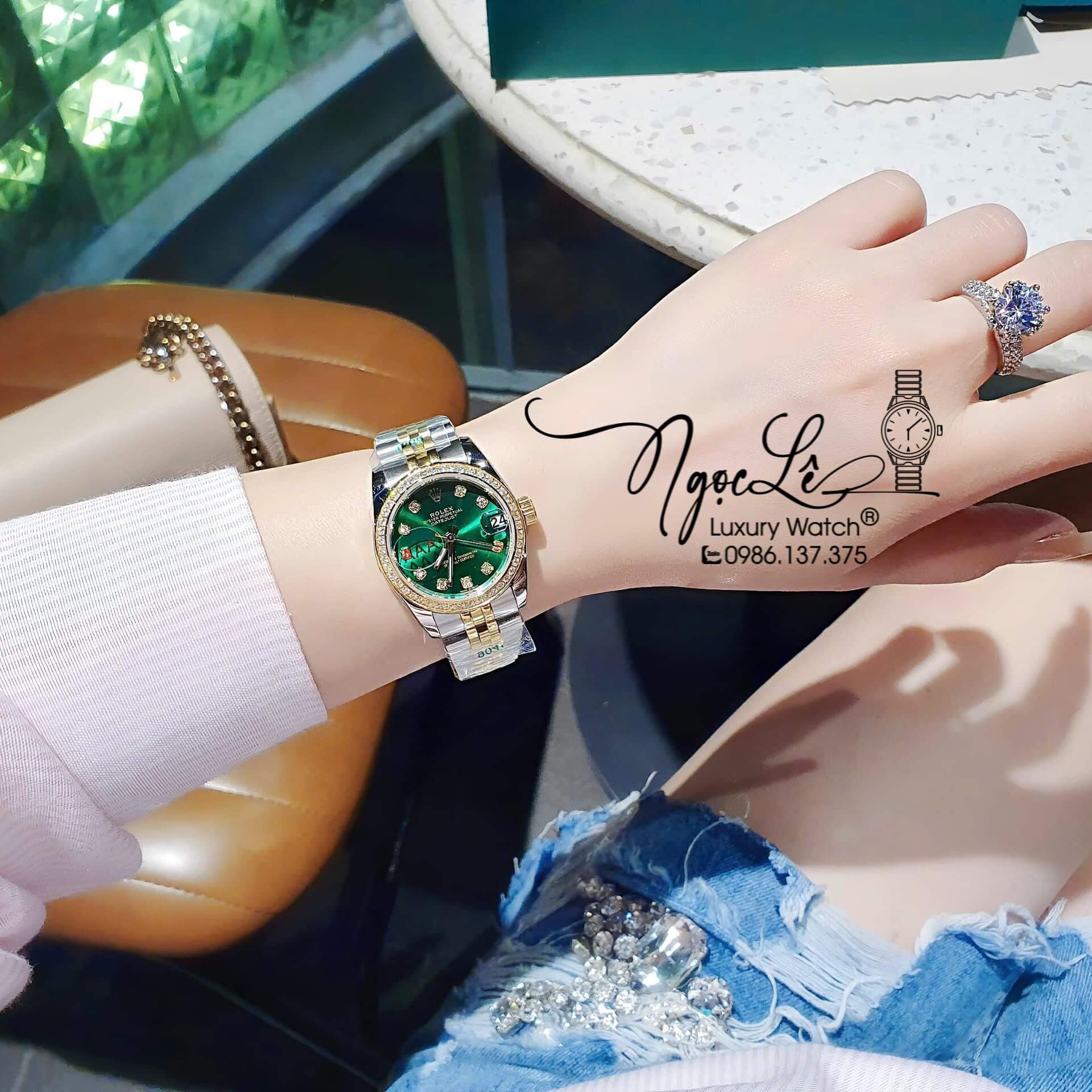 Đồng Hồ Rolex Datejust Pin Dây Demi Vàng Đính Đá - Mặt Xanh Lá Size 36mm 31mm
