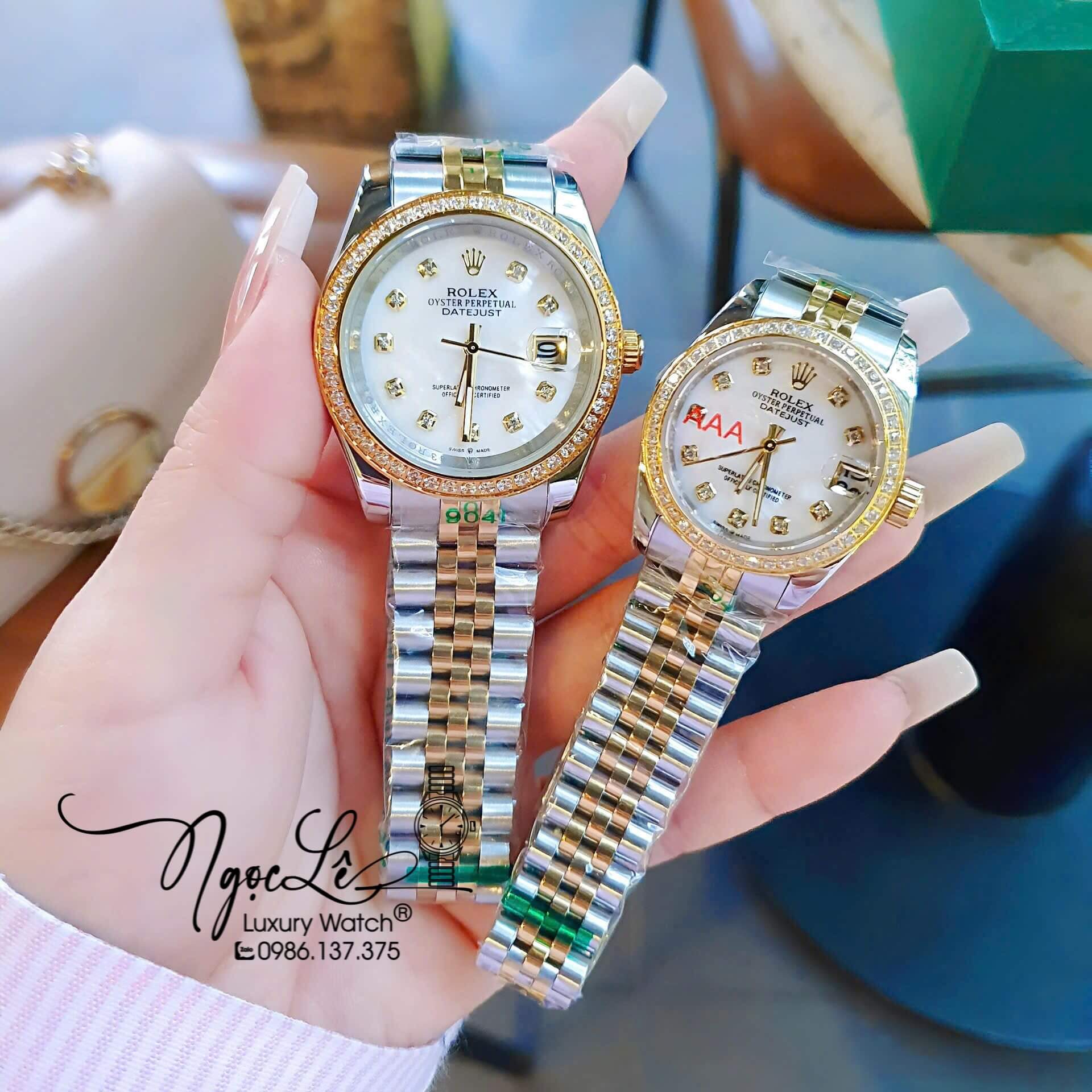 Đồng Hồ Rolex Datejust Pin Dây Demi Vàng Đính Đá - Mặt Trắng Xà Cừ - 41mm 36mm 31mm