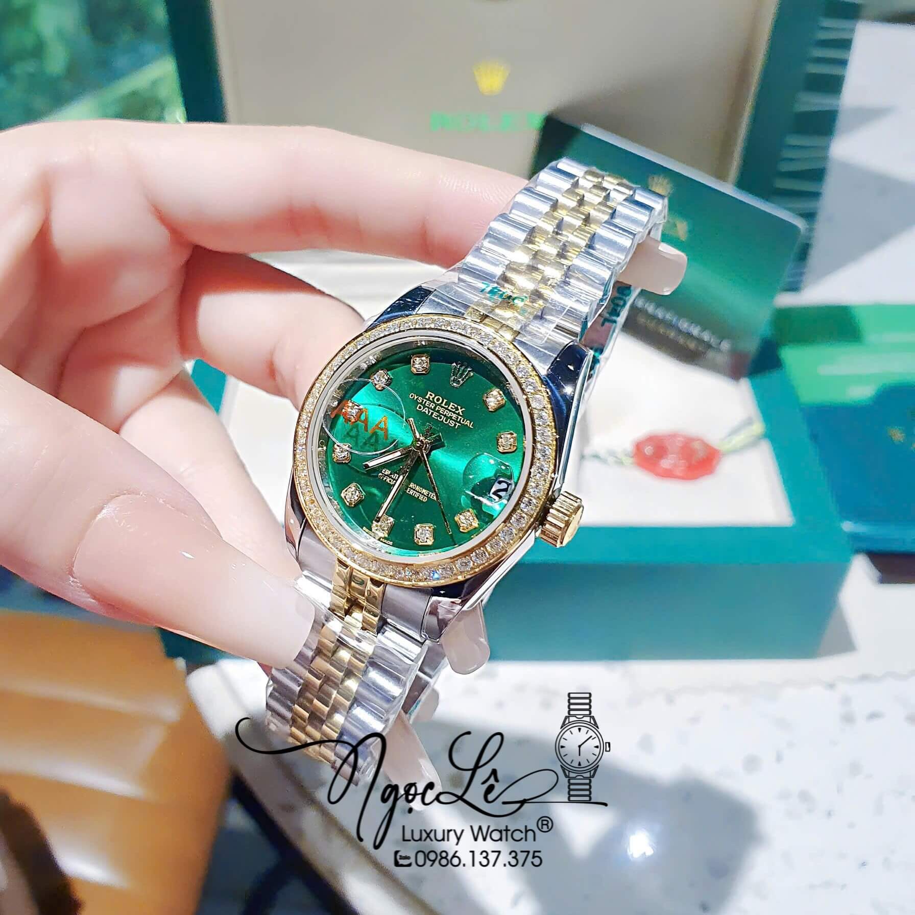 Đồng Hồ Rolex Datejust Pin Dây Demi Vàng Đính Đá - Mặt Xanh Lá Size 36mm 31mm