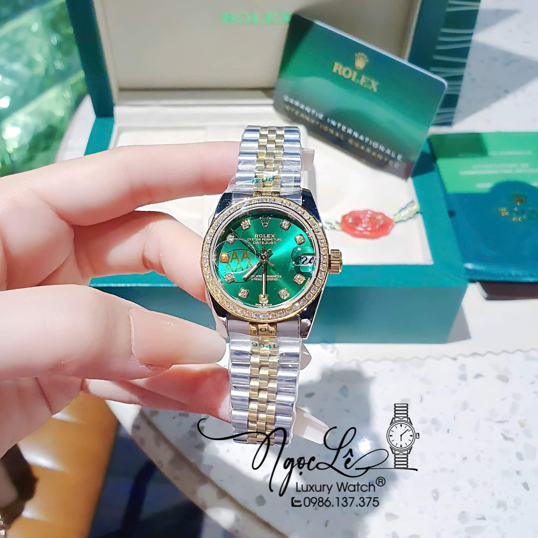 Đồng Hồ Rolex Datejust Pin Dây Demi Vàng Đính Đá - Mặt Xanh Lá Size 36mm 31mm