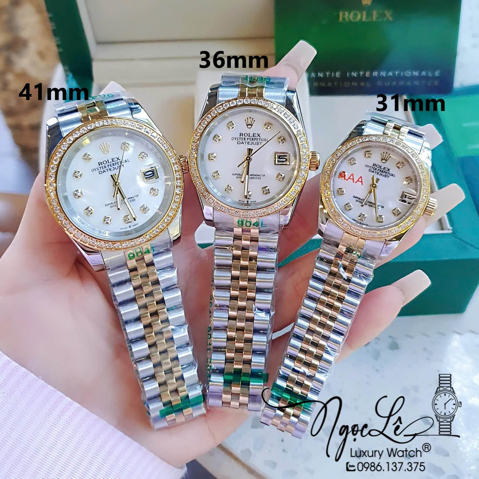Đồng Hồ Rolex Datejust Pin Dây Demi Vàng Đính Đá - Mặt Trắng Xà Cừ - 41mm 36mm 31mm