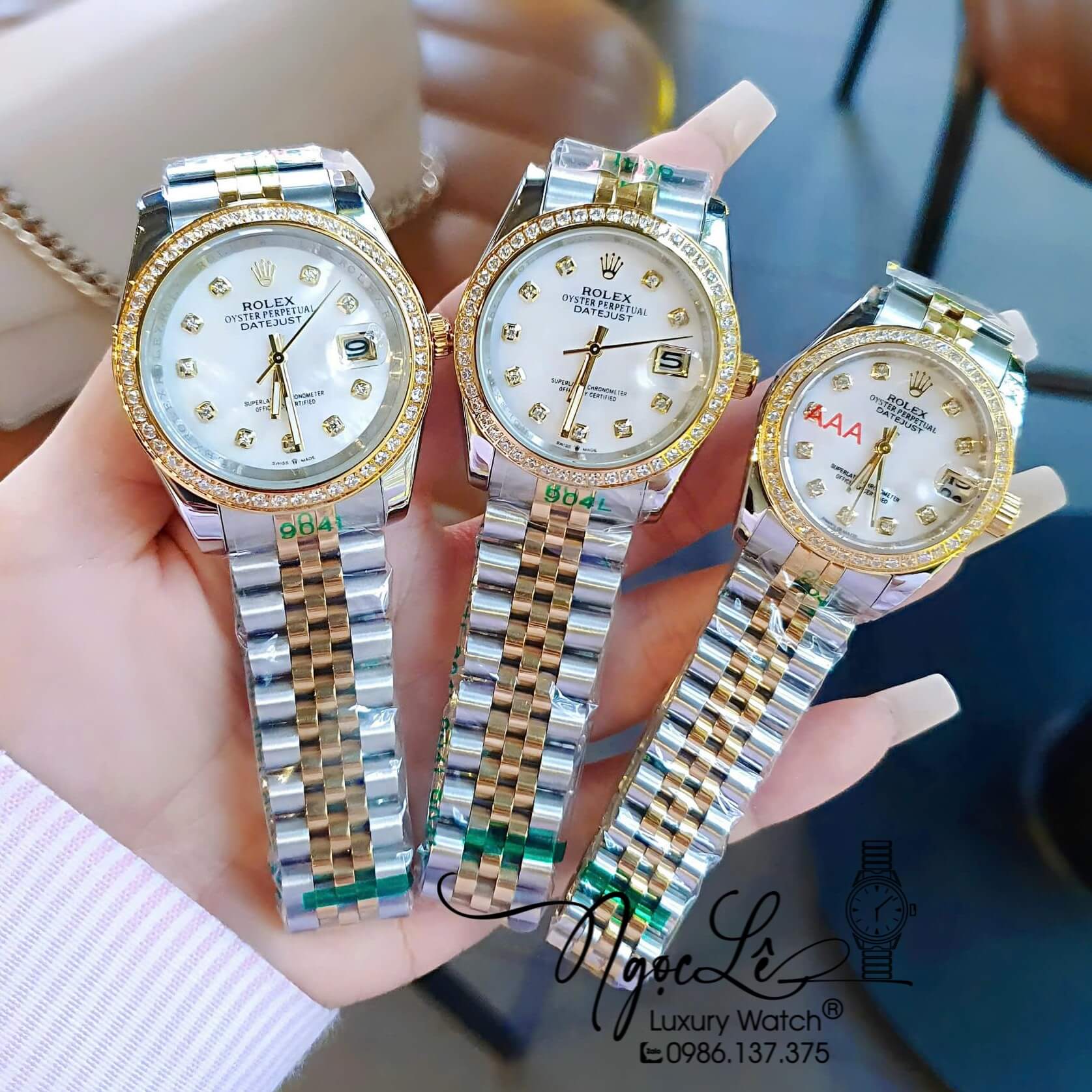 Đồng Hồ Rolex Datejust Pin Dây Demi Vàng Đính Đá - Mặt Trắng Xà Cừ - 41mm 36mm 31mm