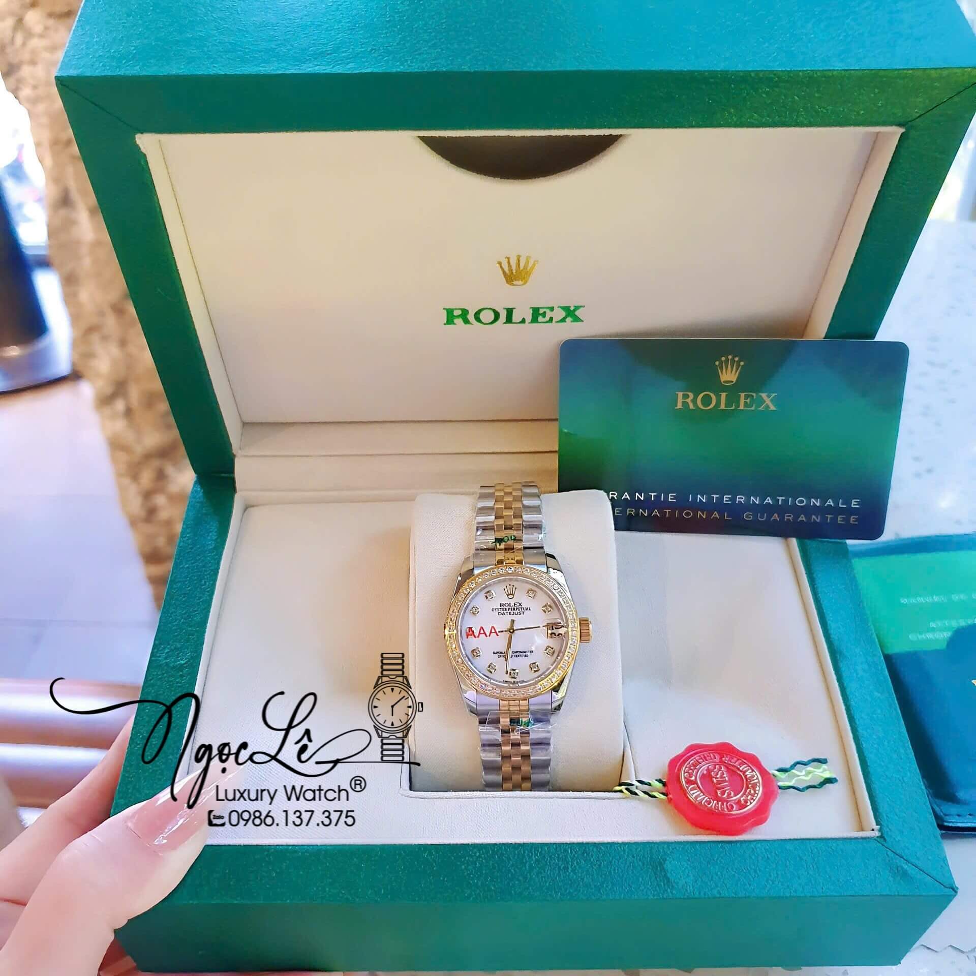 Đồng Hồ Rolex Datejust Pin Dây Demi Vàng Đính Đá - Mặt Trắng Xà Cừ - 41mm 36mm 31mm