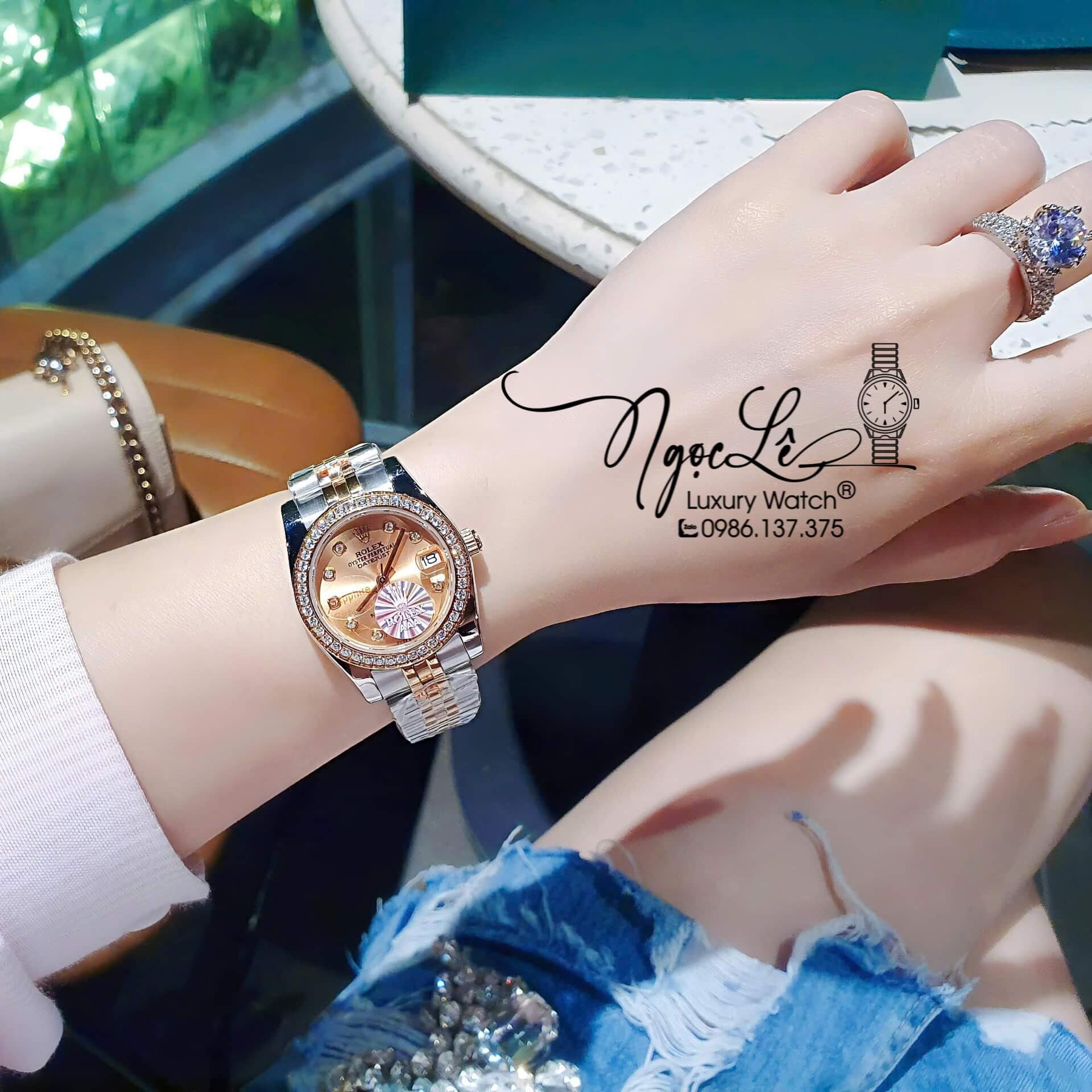 Đồng Hồ Rolex Datejust Pin Dây Demi Vàng Hồng Đính Đá - Mặt Vàng Hồng - 41mm 36mm 31mm