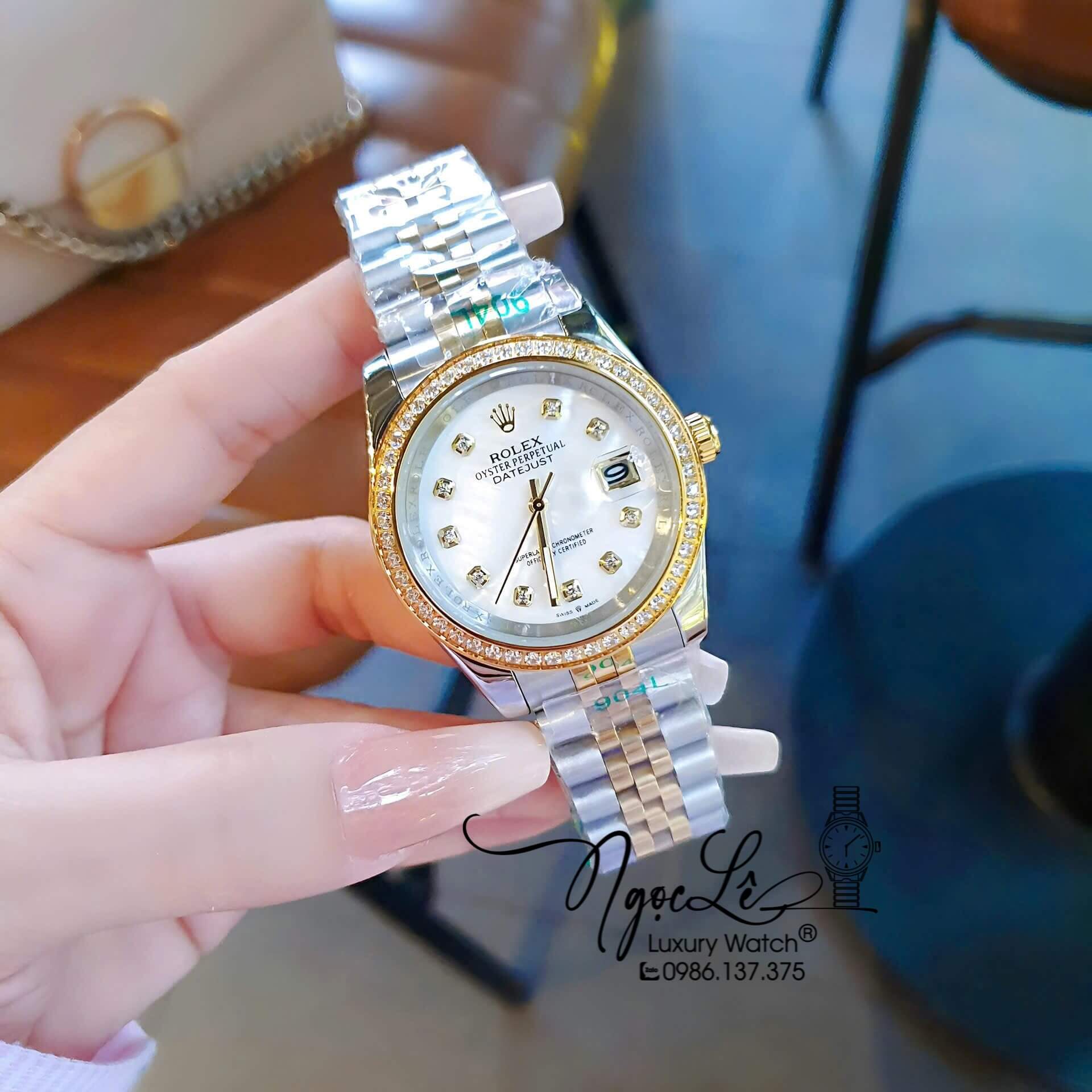 Đồng Hồ Rolex Datejust Pin Dây Demi Vàng Đính Đá - Mặt Trắng Xà Cừ - 41mm 36mm 31mm