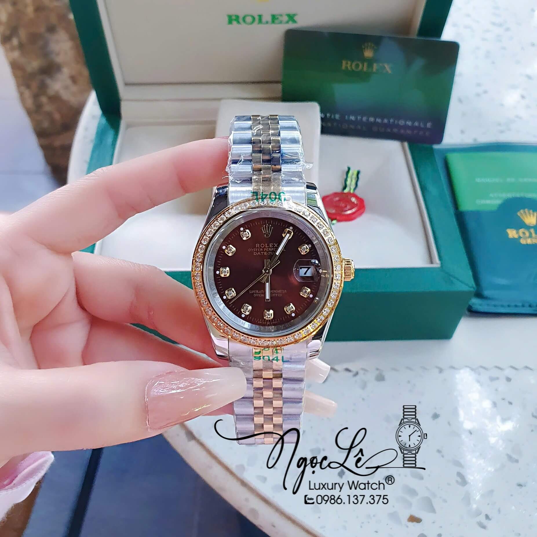 Đồng Hồ Rolex Datejust Pin Dây Demi Vàng Hồng Đính Đá - Mặt Trắng Xà Cừ - 41mm 36mm 31mm