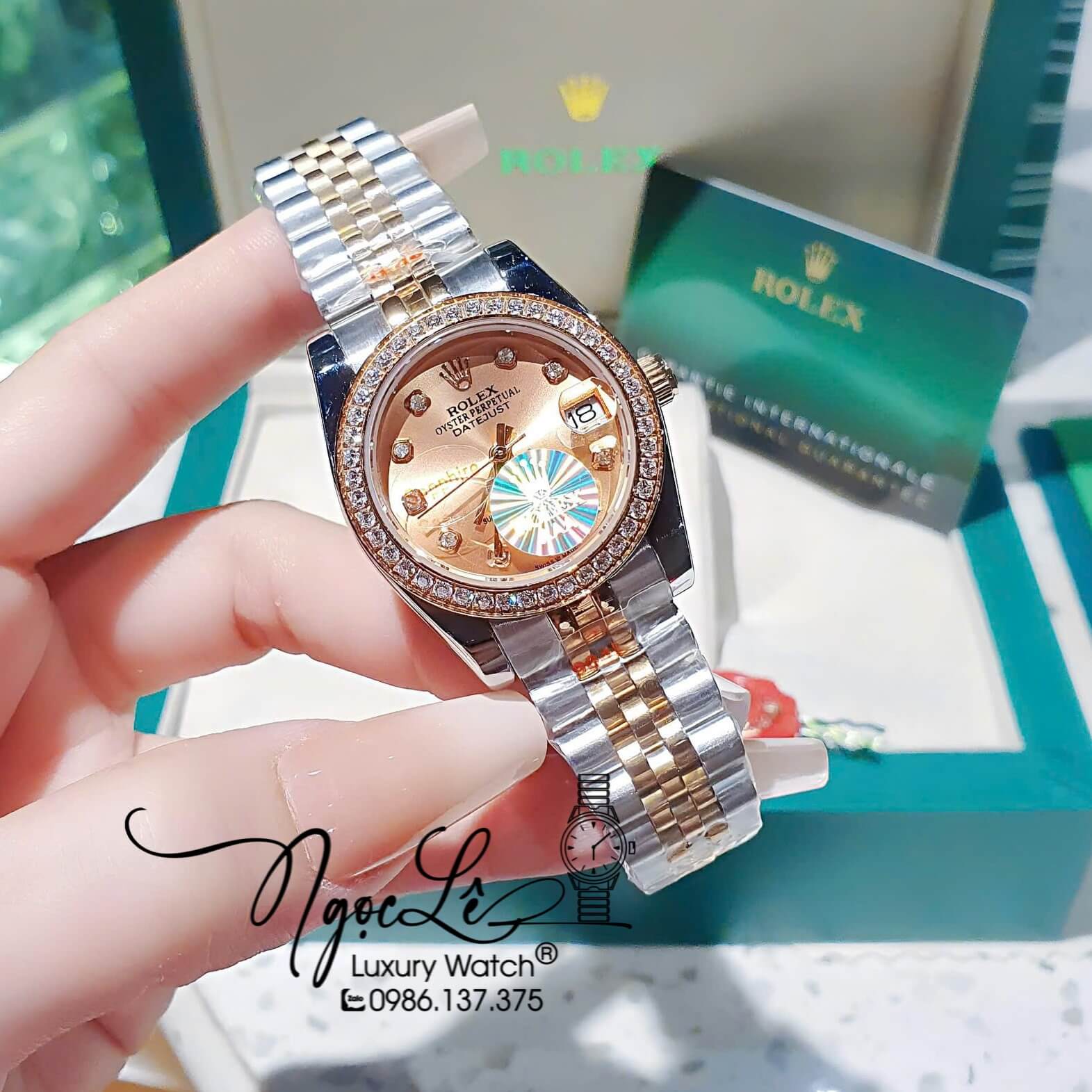 Đồng Hồ Rolex Datejust Pin Dây Demi Vàng Hồng Đính Đá - Mặt Vàng Hồng - 41mm 36mm 31mm