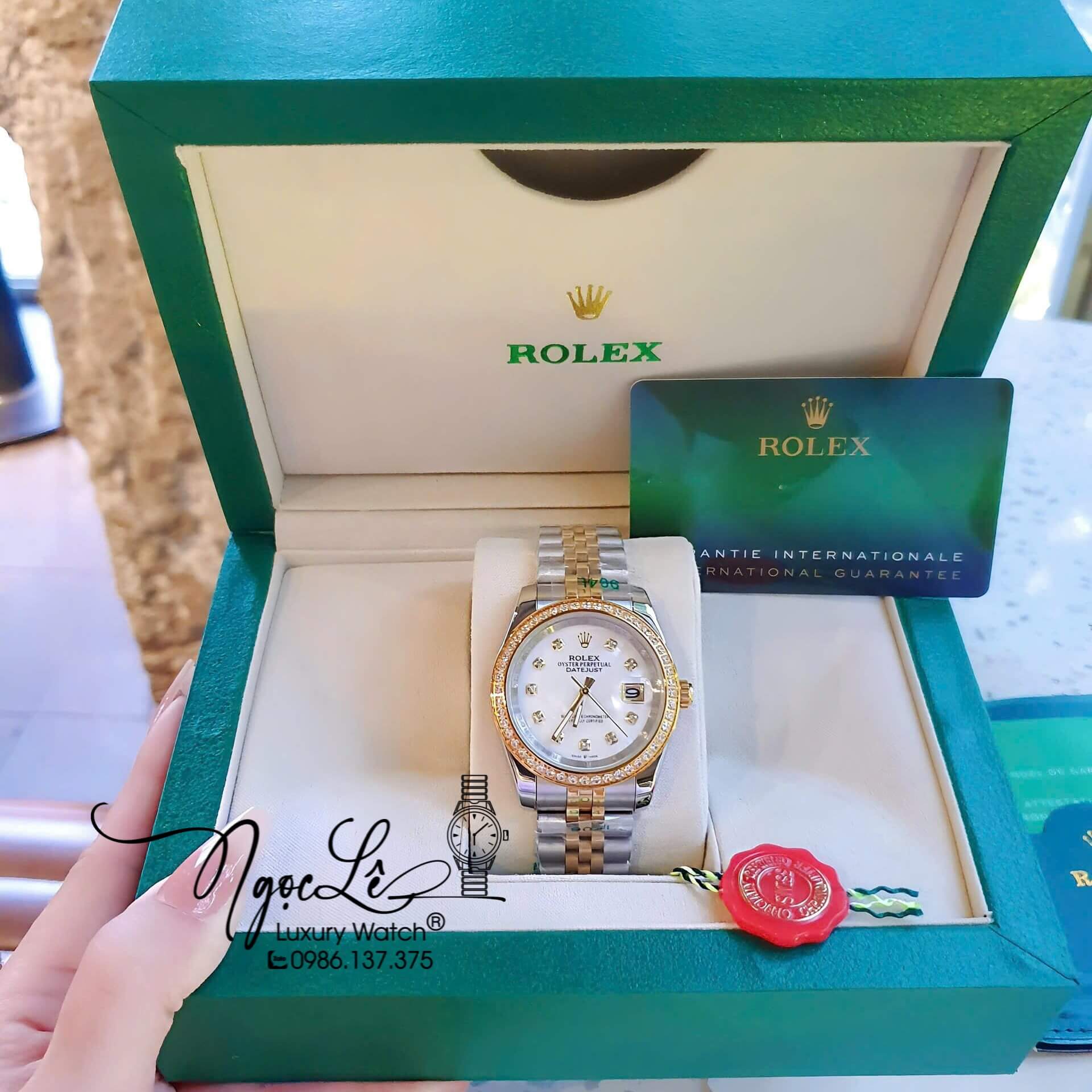 Đồng Hồ Rolex Datejust Pin Dây Demi Vàng Đính Đá - Mặt Trắng Xà Cừ - 41mm 36mm 31mm