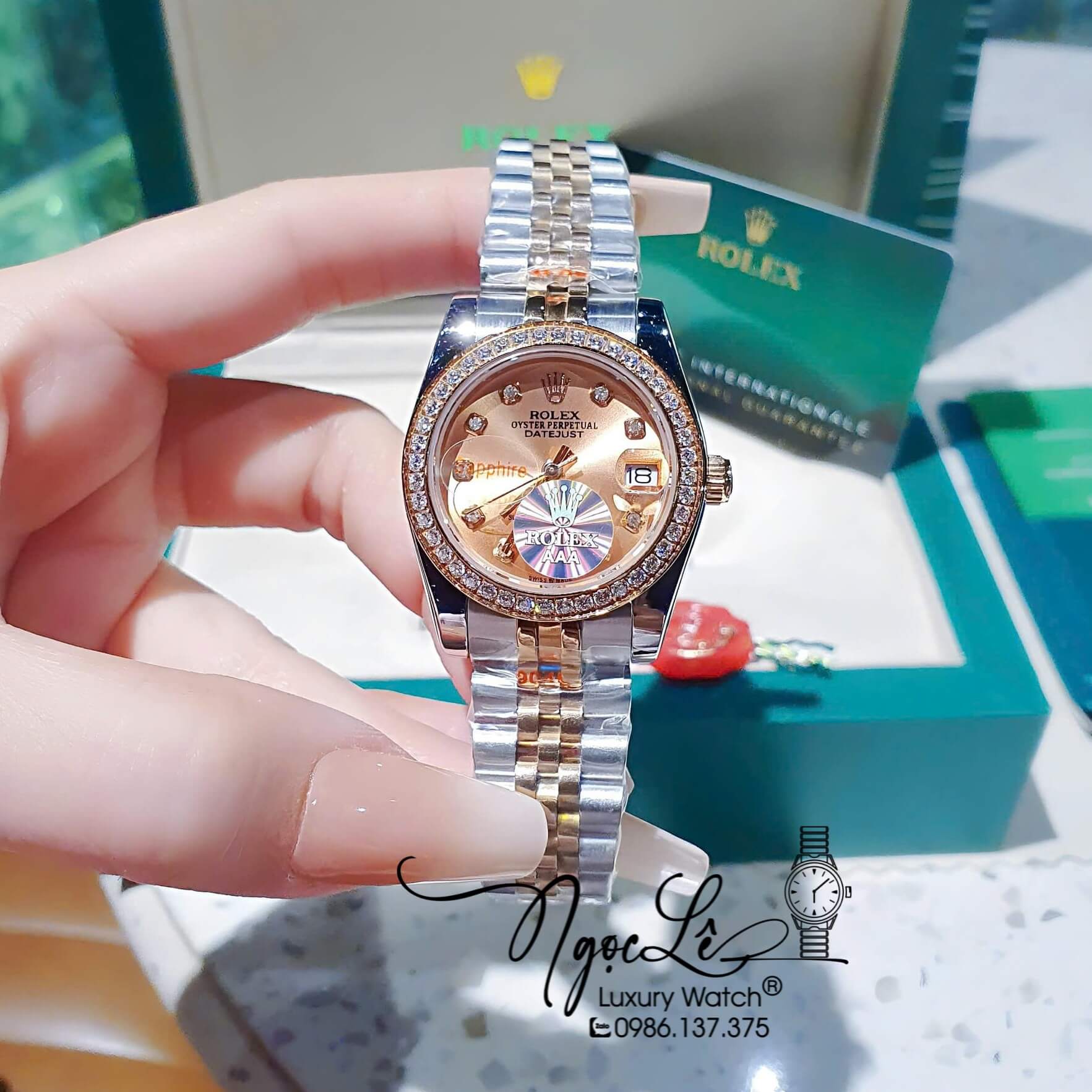 Đồng Hồ Rolex Datejust Pin Dây Demi Vàng Hồng Đính Đá - Mặt Vàng Hồng - 41mm 36mm 31mm