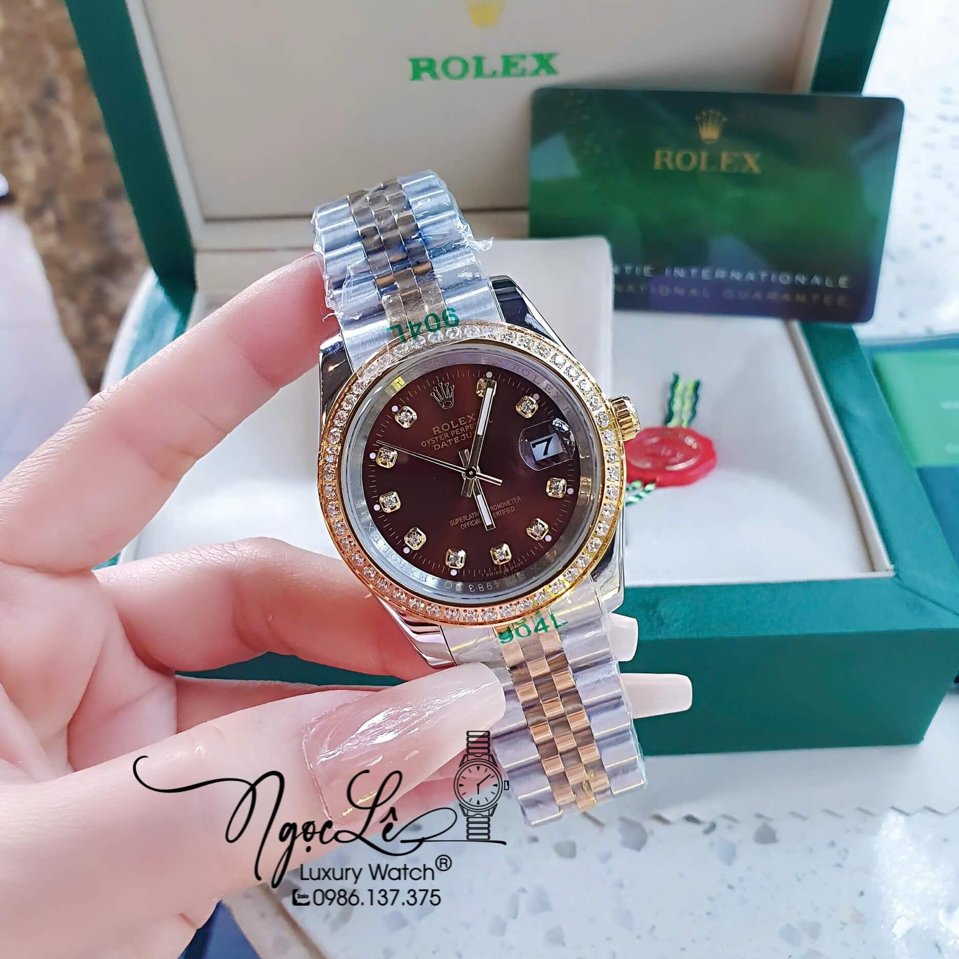 Đồng Hồ Rolex Datejust Pin Dây Demi Vàng Hồng Đính Đá - Mặt Trắng Xà Cừ - 41mm 36mm 31mm