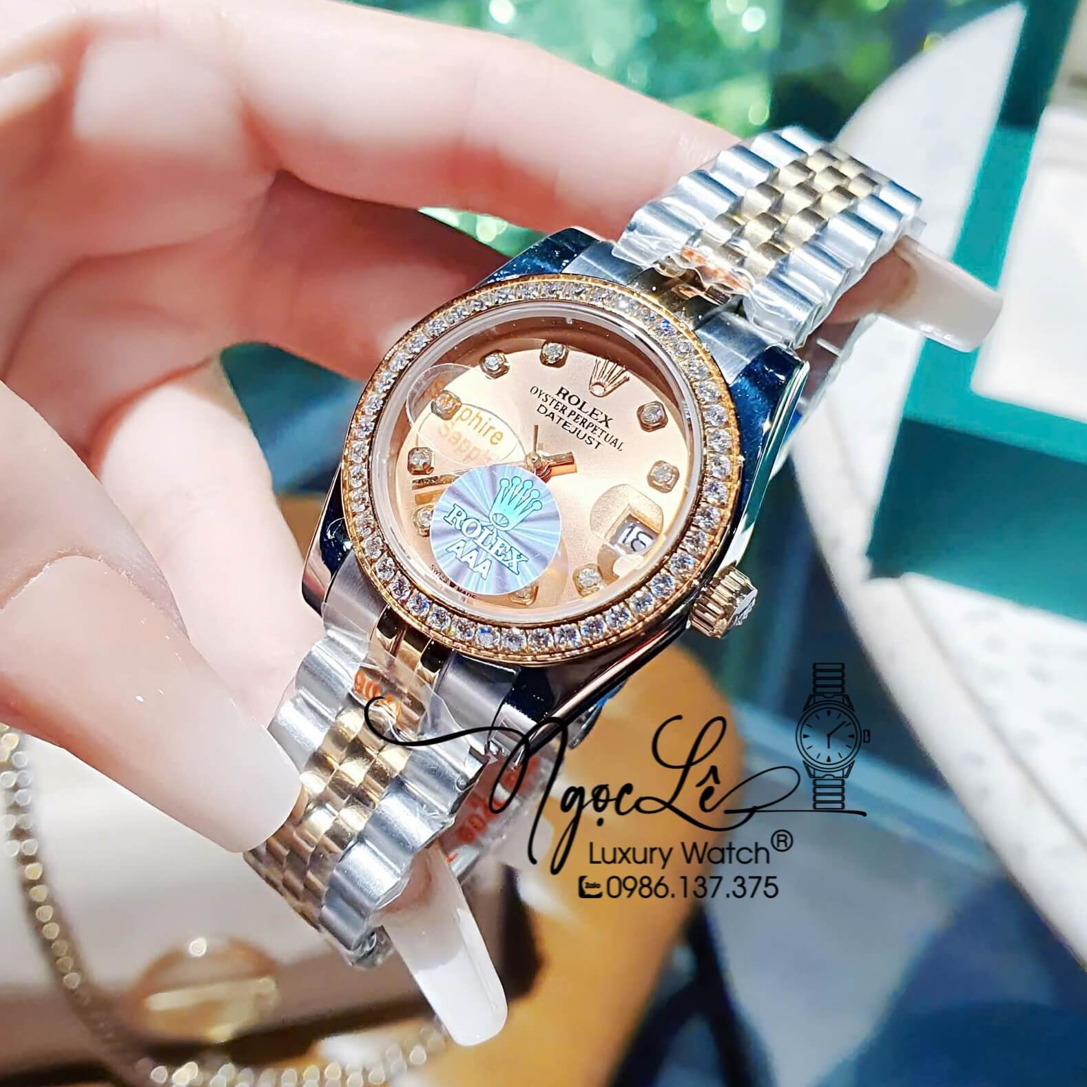 Đồng Hồ Rolex Datejust Pin Dây Demi Vàng Hồng Đính Đá - Mặt Vàng Hồng - 41mm 36mm 31mm