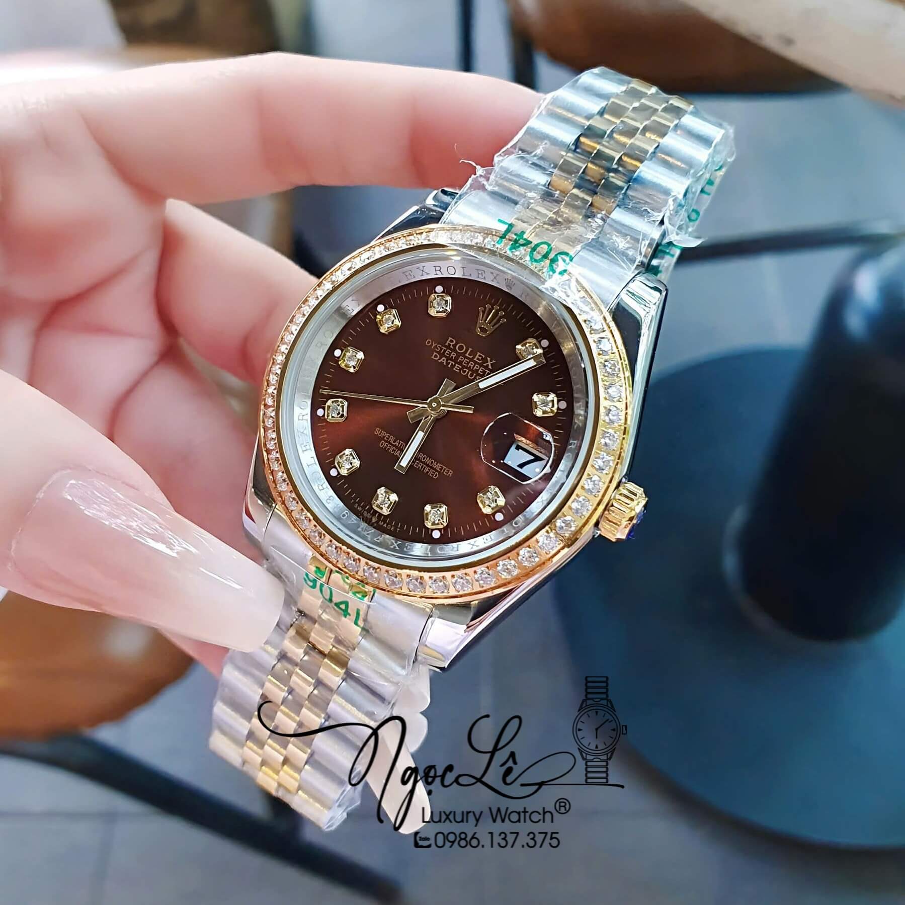 Đồng Hồ Rolex Datejust Pin Dây Demi Vàng Hồng Đính Đá - Mặt Trắng Xà Cừ - 41mm 36mm 31mm
