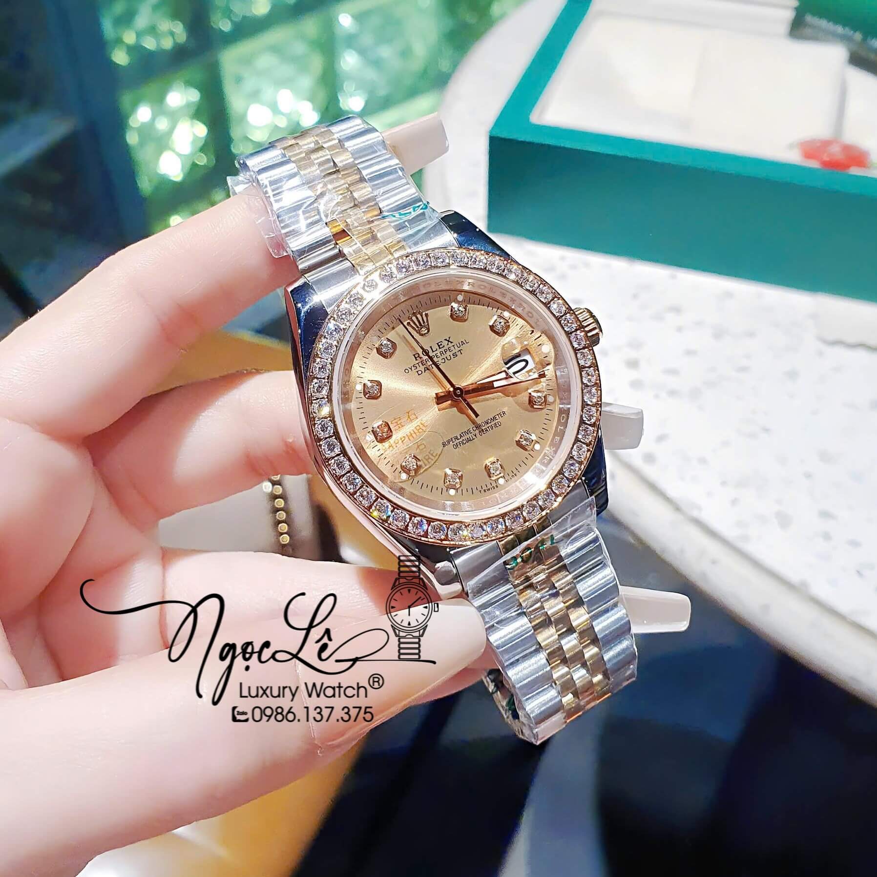Đồng Hồ Rolex Datejust Pin Dây Demi Vàng Hồng Đính Đá - Mặt Vàng Hồng - 41mm 36mm 31mm