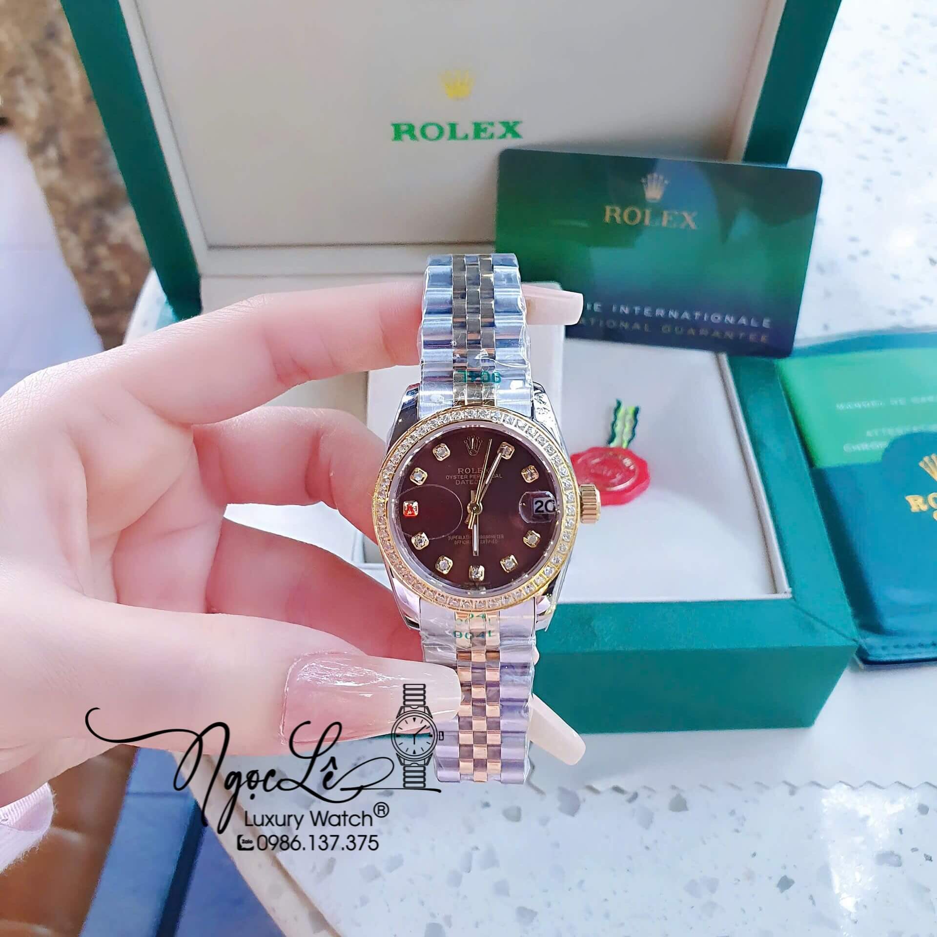 Đồng Hồ Rolex Datejust Pin Dây Demi Vàng Hồng Đính Đá - Mặt Trắng Xà Cừ - 41mm 36mm 31mm