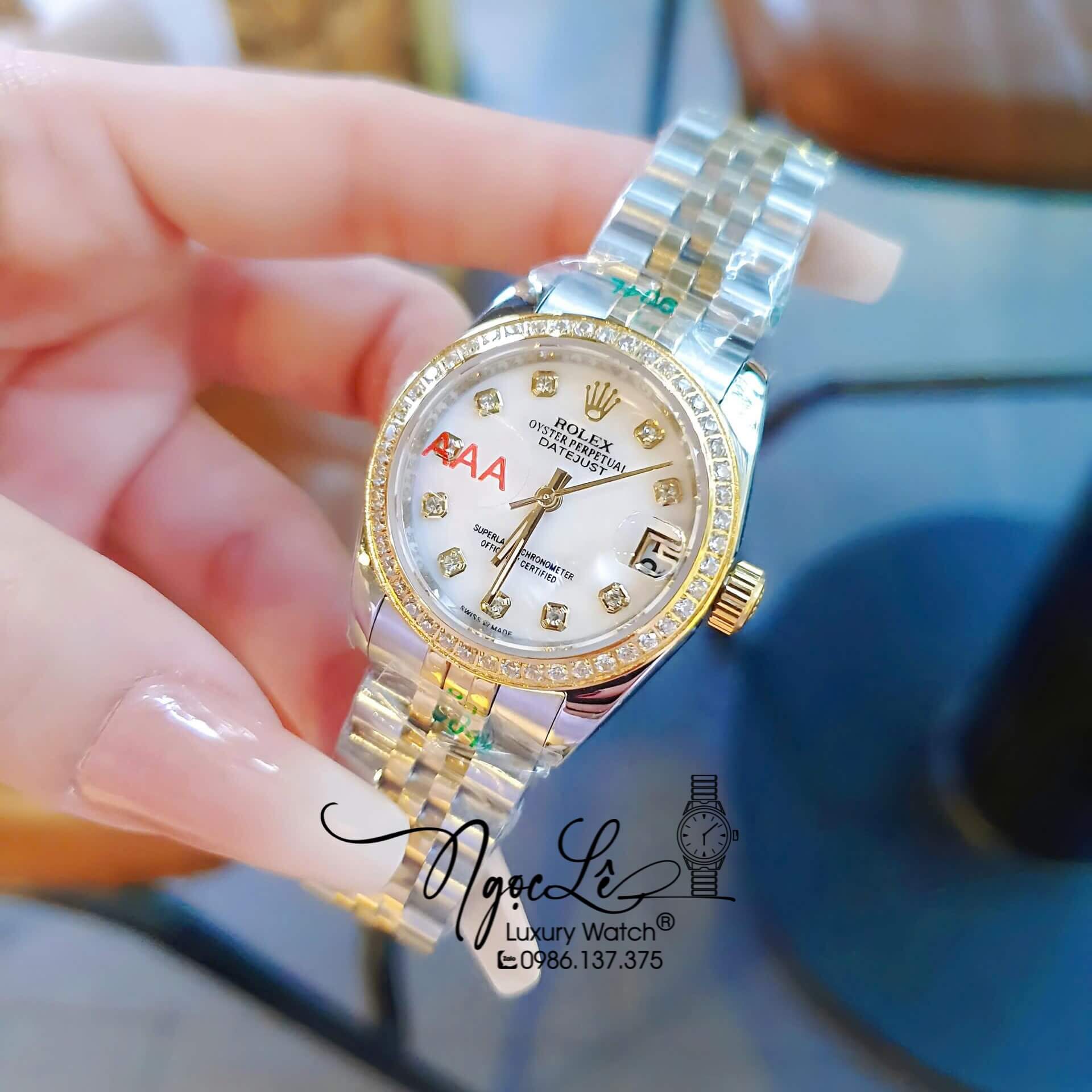 Đồng Hồ Rolex Datejust Pin Dây Demi Vàng Đính Đá - Mặt Trắng Xà Cừ - 41mm 36mm 31mm