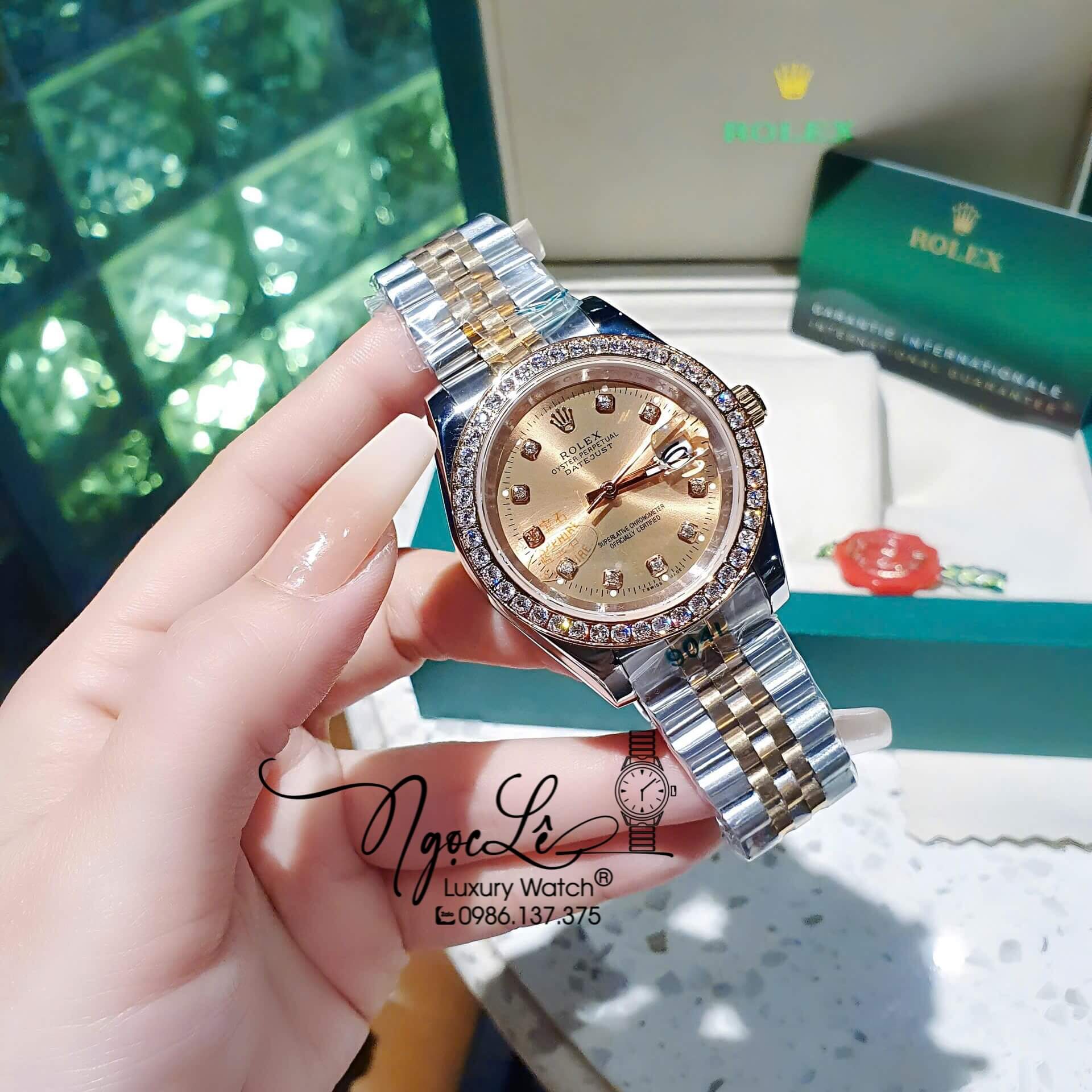Đồng Hồ Rolex Datejust Pin Dây Demi Vàng Hồng Đính Đá - Mặt Vàng Hồng - 41mm 36mm 31mm