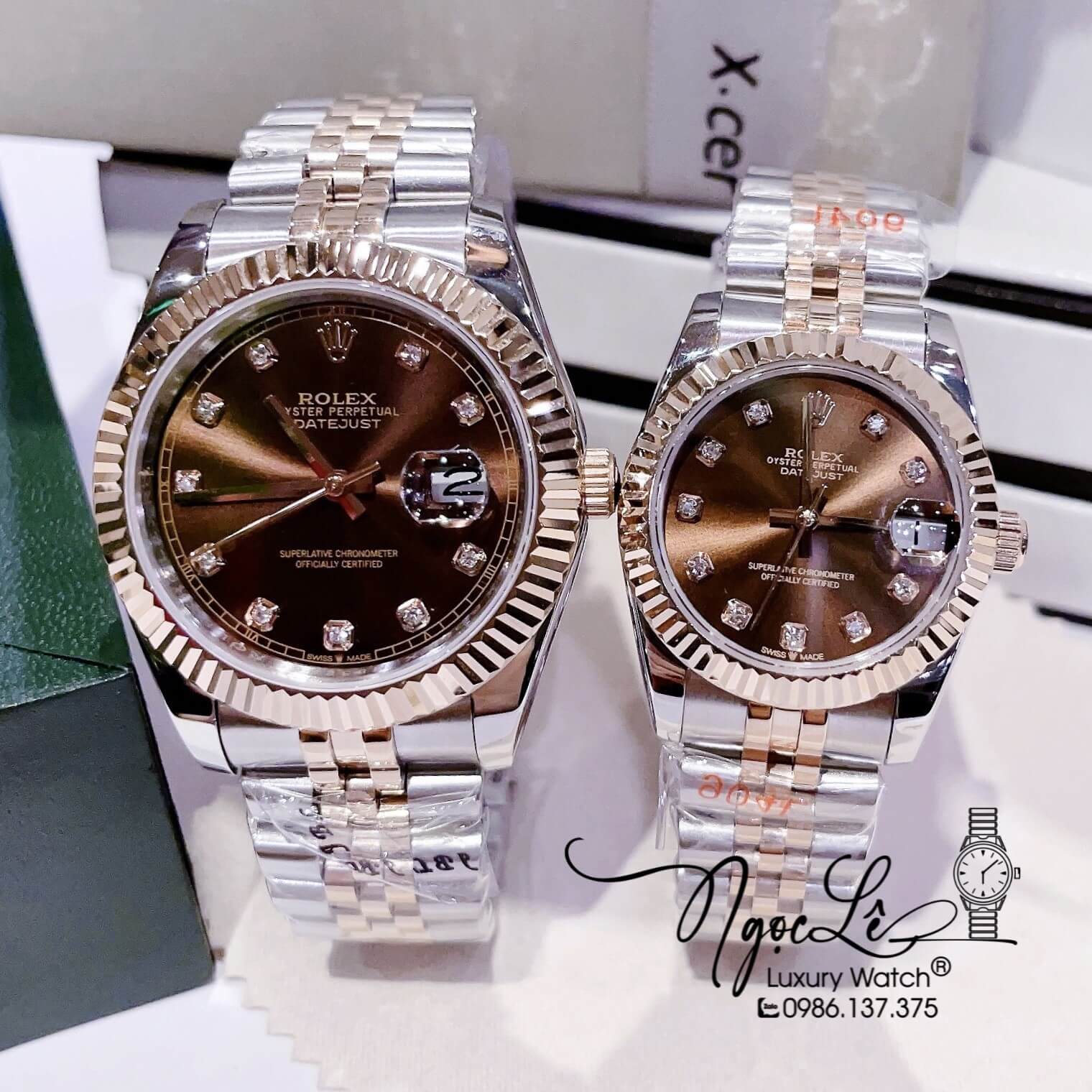 Đồng Hồ Cặp Rolex Datejust Automatic Dây Kim Loại Demi Rose Mặt Nâu Size 41mm - 31mm