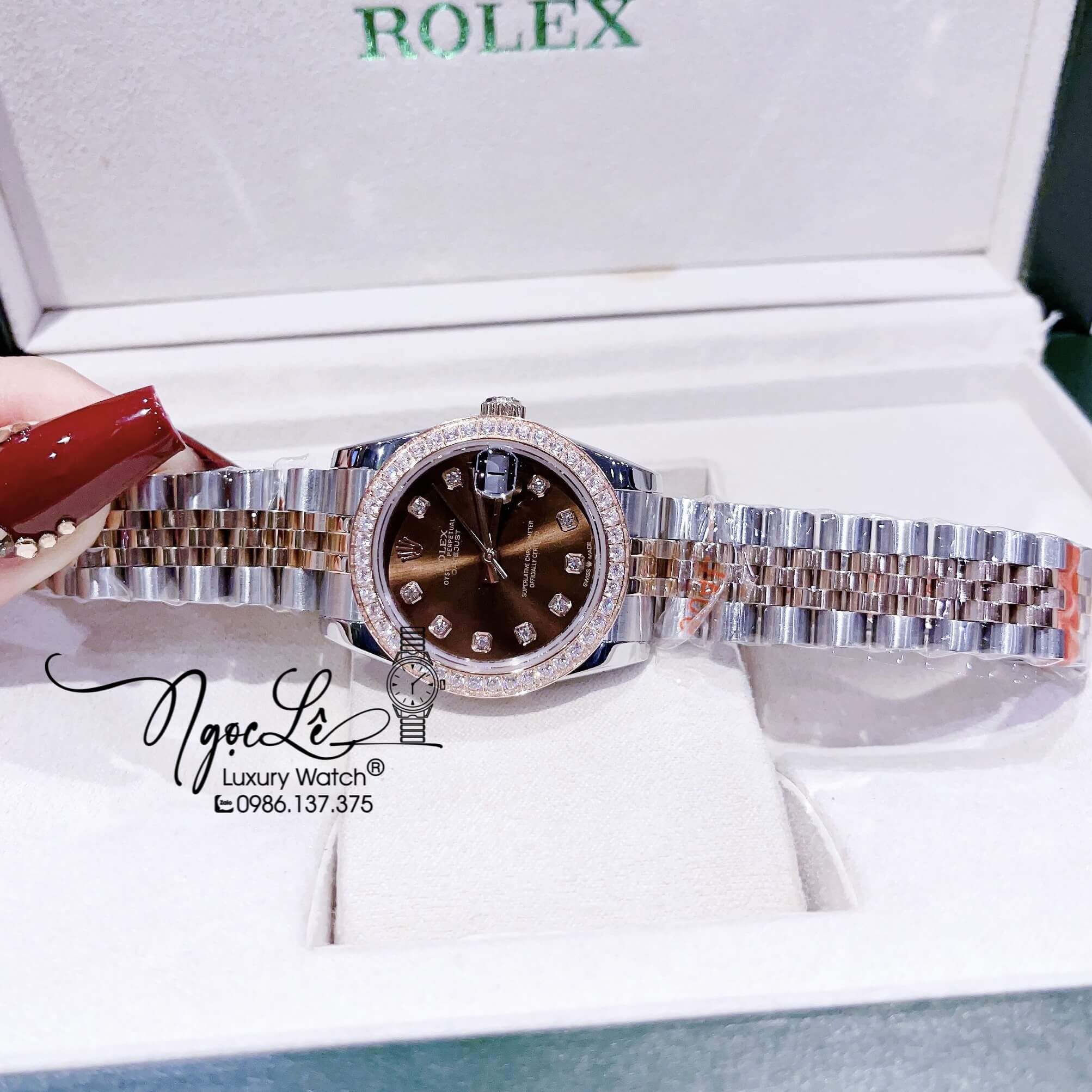 Đồng Hồ Cặp Rolex Datejust Automatic Dây Kim Loại Demi Rose Mặt Nâu Đính Đá Size 41mm - 31mm