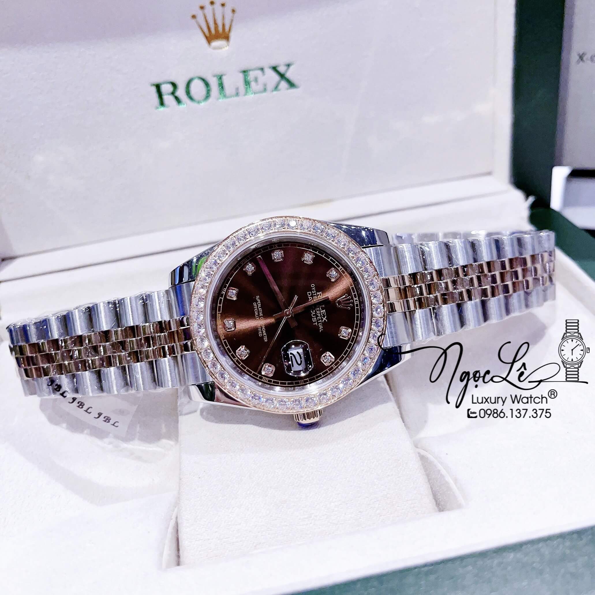 Đồng Hồ Cặp Rolex Datejust Automatic Dây Kim Loại Demi Rose Mặt Nâu Đính Đá Size 41mm - 31mm