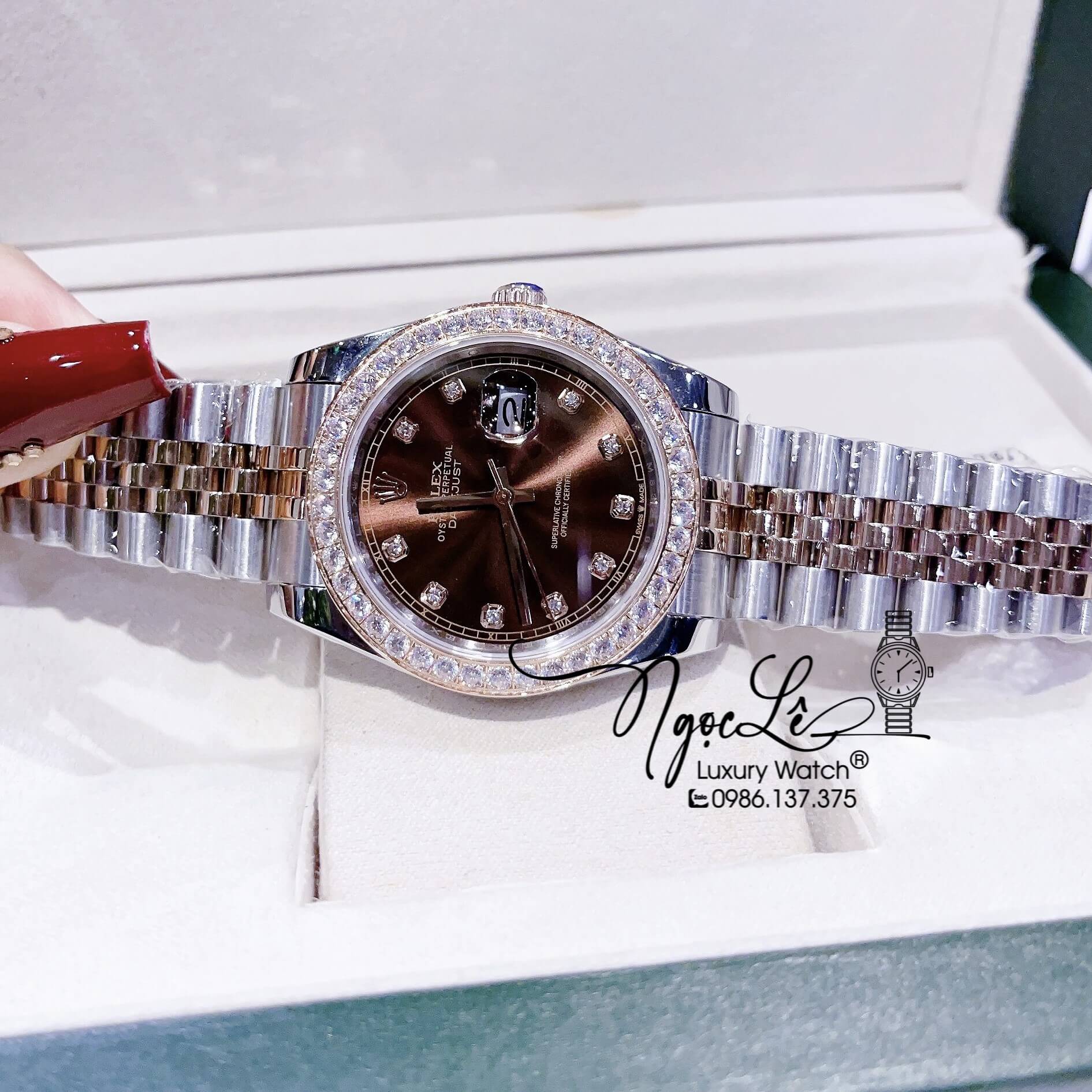 Đồng Hồ Cặp Rolex Datejust Automatic Dây Kim Loại Demi Rose Mặt Nâu Đính Đá Size 41mm - 31mm