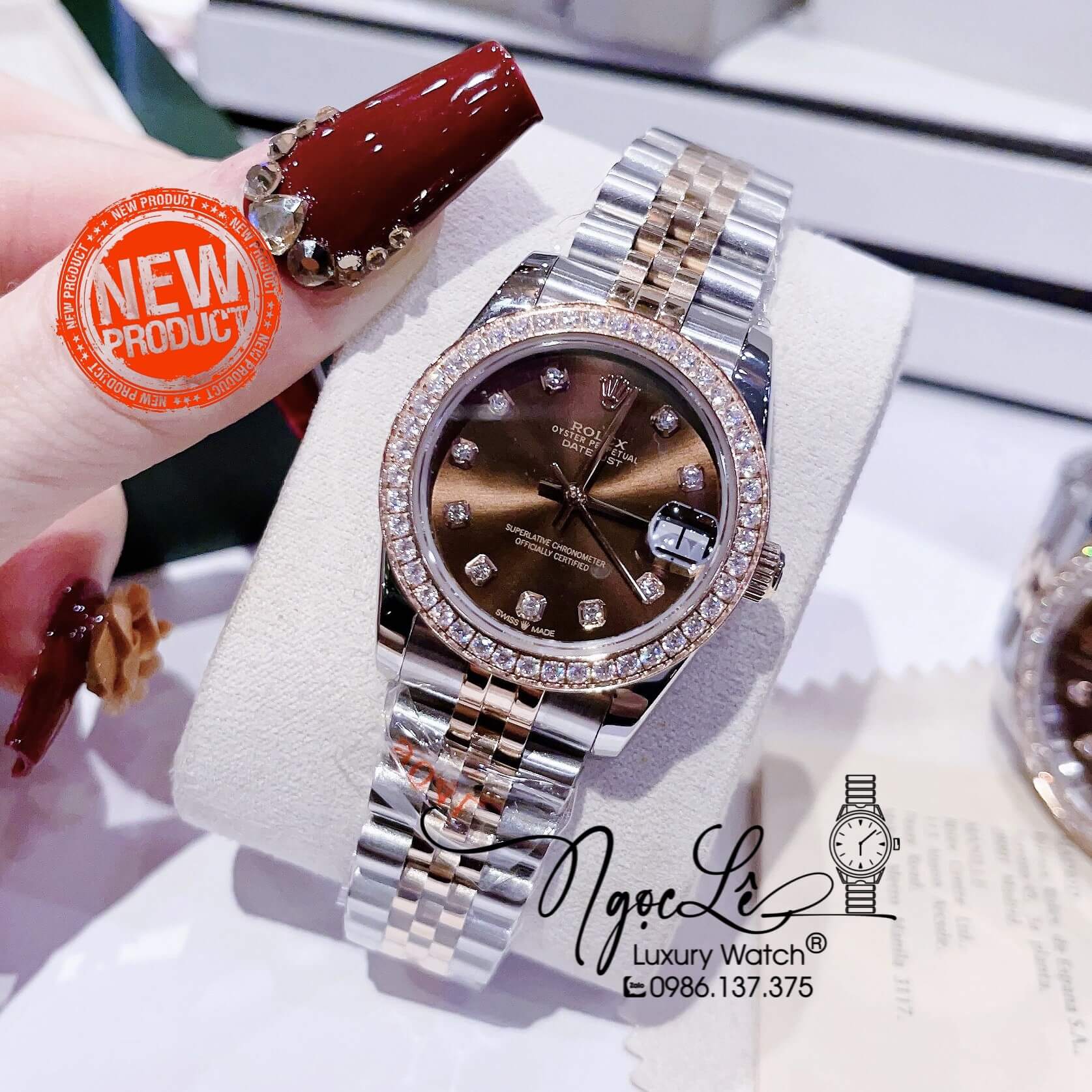 Đồng Hồ Cặp Rolex Datejust Automatic Dây Kim Loại Demi Rose Mặt Nâu Đính Đá Size 41mm - 31mm