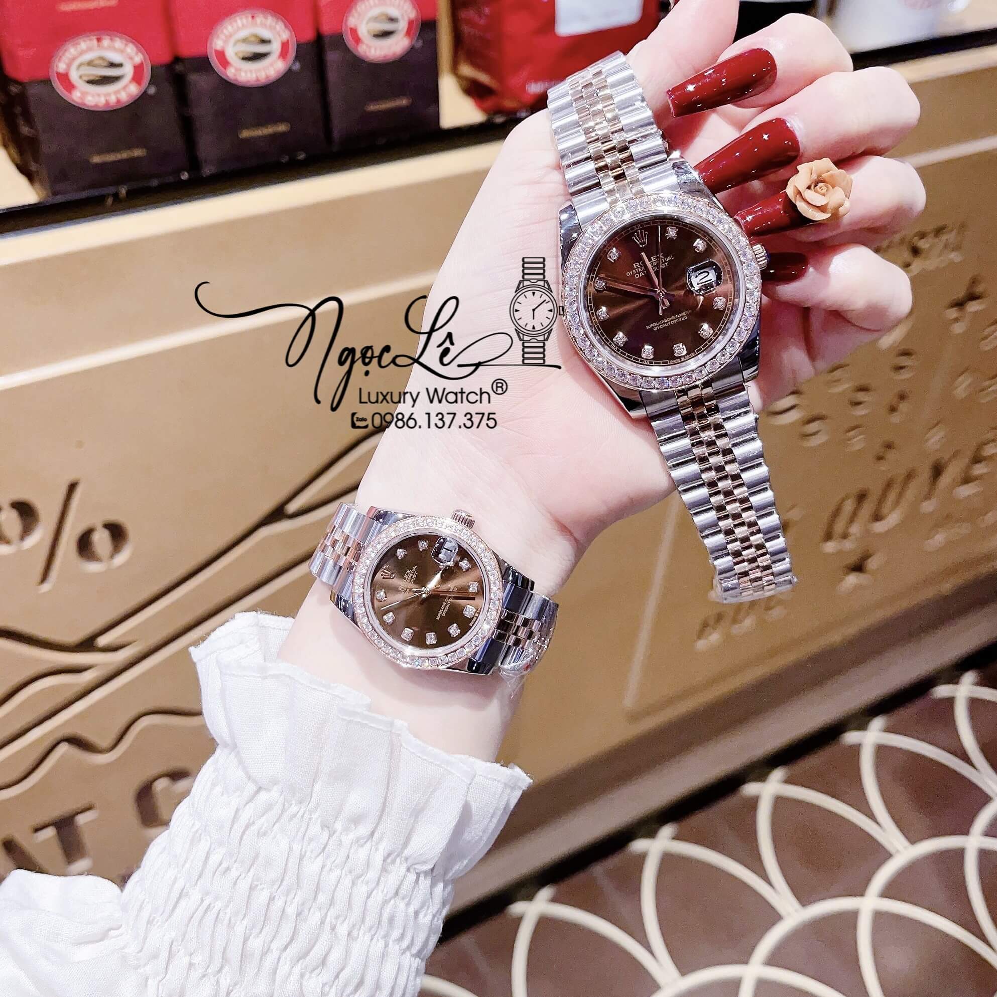 Đồng Hồ Cặp Rolex Datejust Automatic Dây Kim Loại Demi Rose Mặt Nâu Đính Đá Size 41mm - 31mm