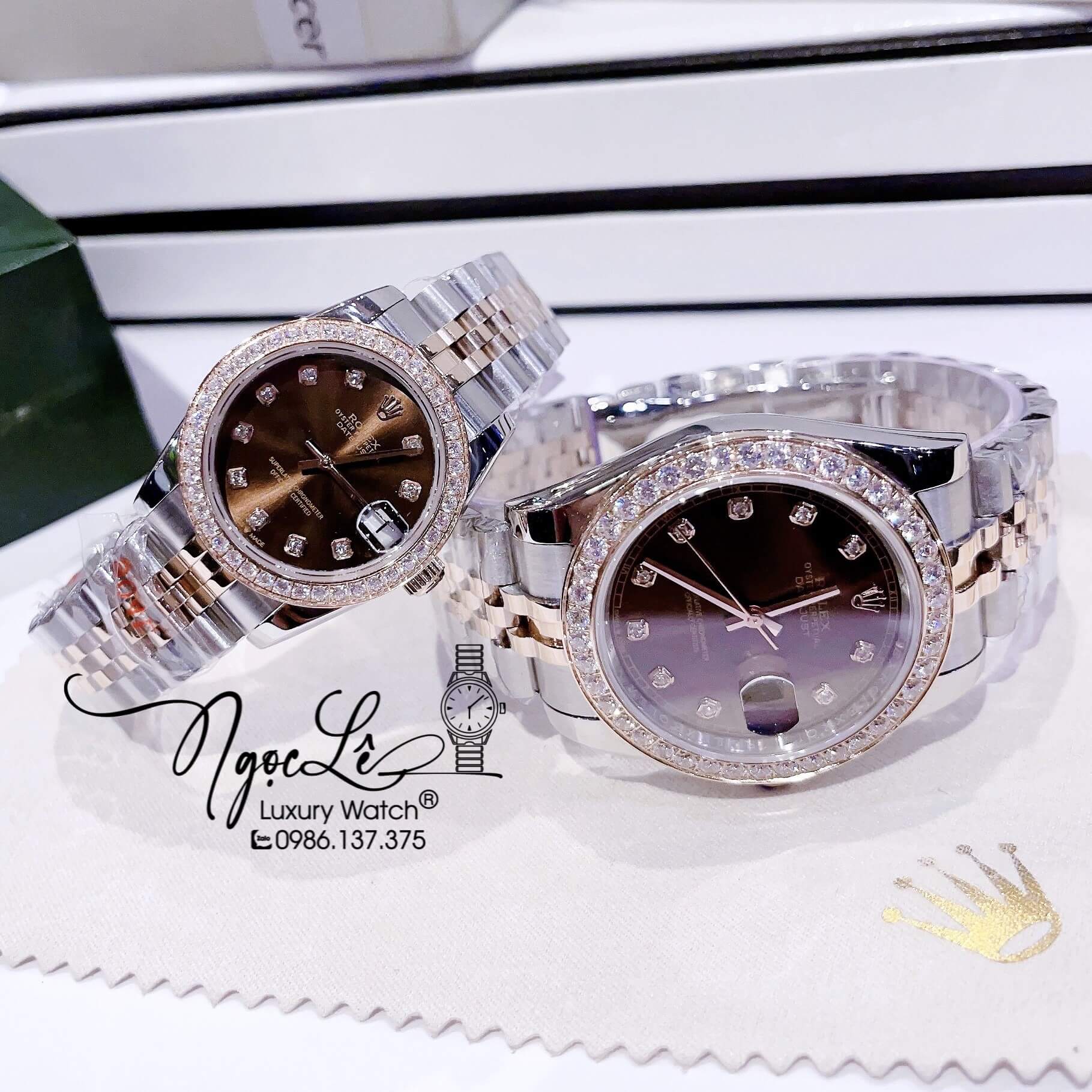 Đồng Hồ Cặp Rolex Datejust Automatic Dây Kim Loại Demi Rose Mặt Nâu Đính Đá Size 41mm - 31mm