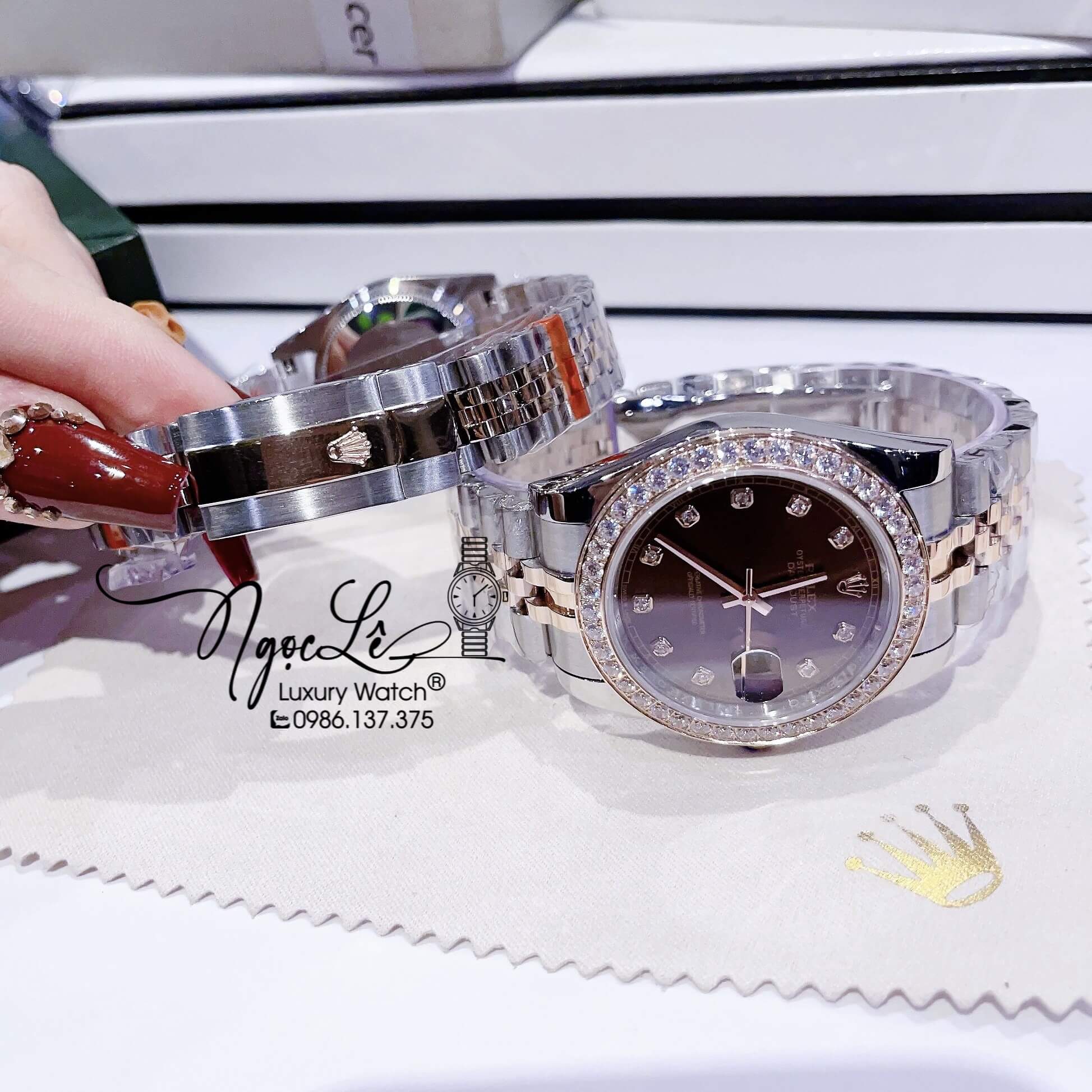 Đồng Hồ Cặp Rolex Datejust Automatic Dây Kim Loại Demi Rose Mặt Nâu Đính Đá Size 41mm - 31mm