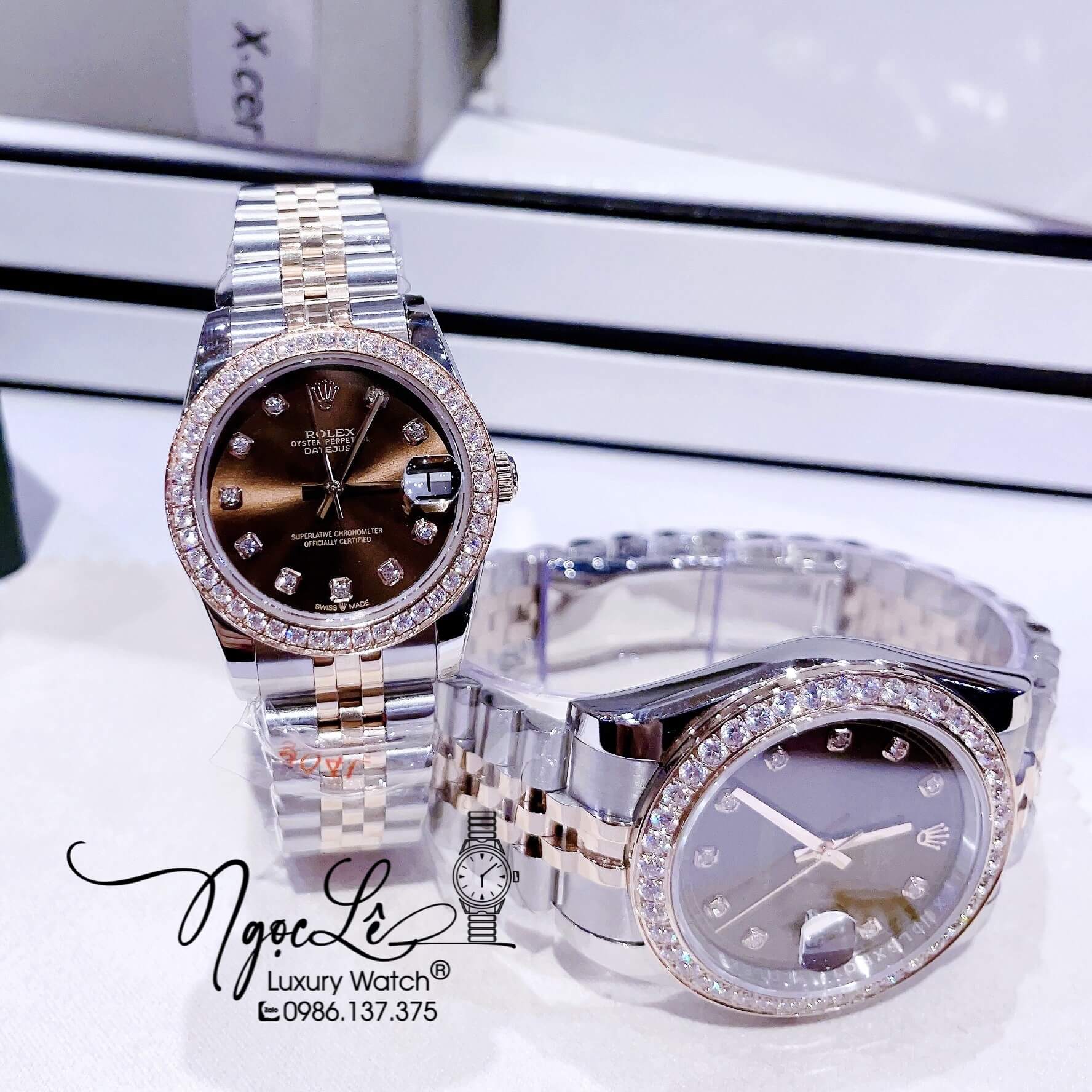 Đồng Hồ Cặp Rolex Datejust Automatic Dây Kim Loại Demi Rose Mặt Nâu Đính Đá Size 41mm - 31mm