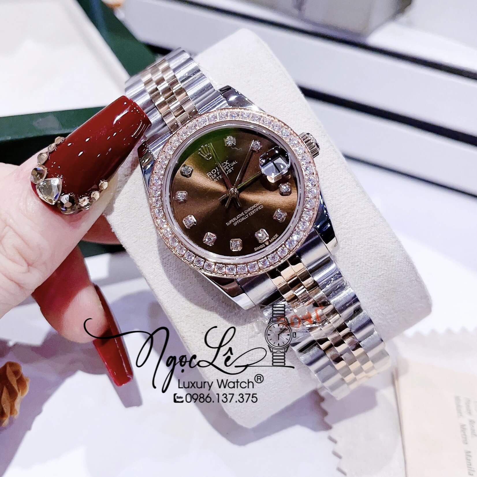 Đồng Hồ Cặp Rolex Datejust Automatic Dây Kim Loại Demi Rose Mặt Nâu Đính Đá Size 41mm - 31mm